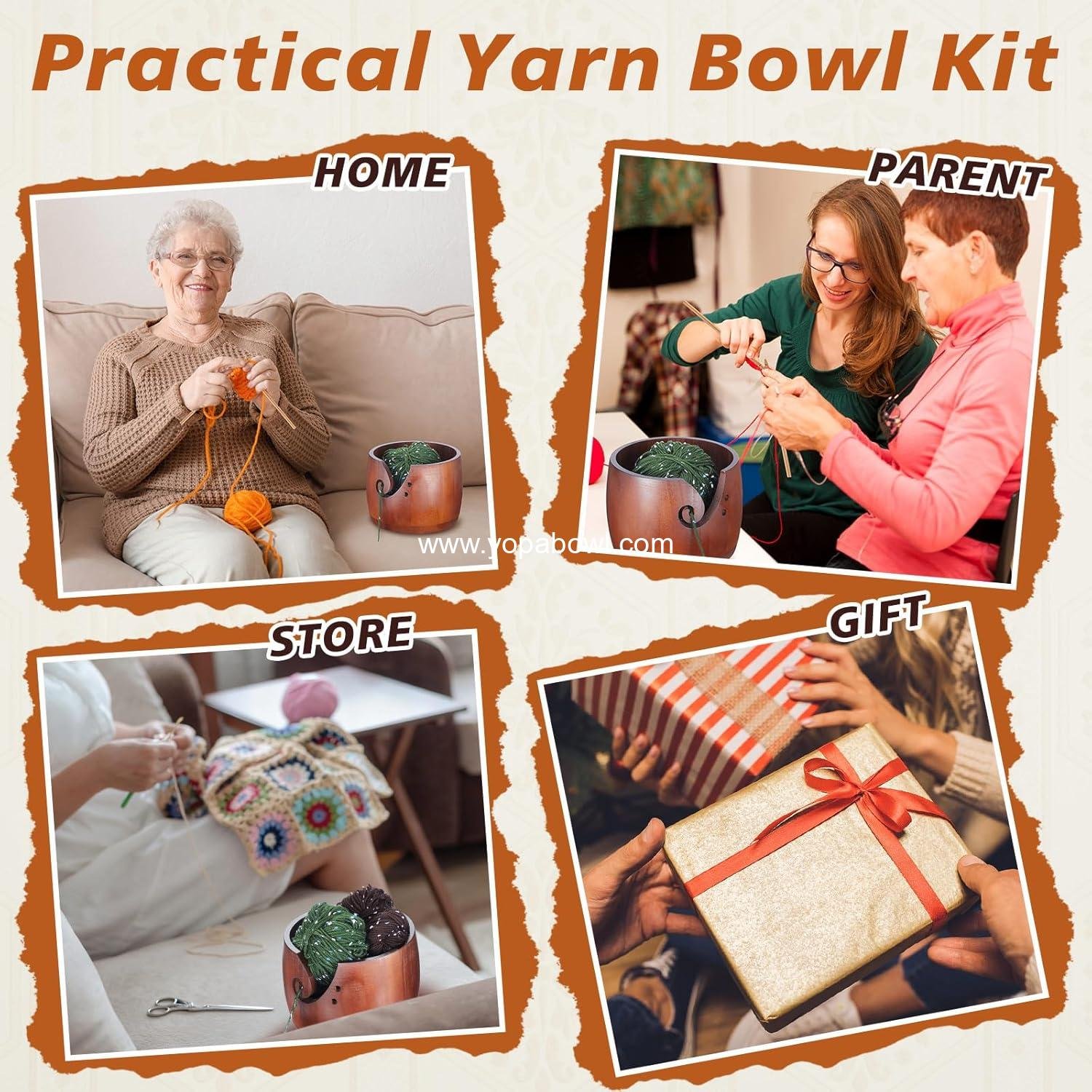 Wholesale 6.7 x 6.7 x 4.7 Inch Wooden Yarn Bowl for Crocheting and Knitting with 12 Crochet Hooks for DIY Crafts Tools (Dark Brown) Factory