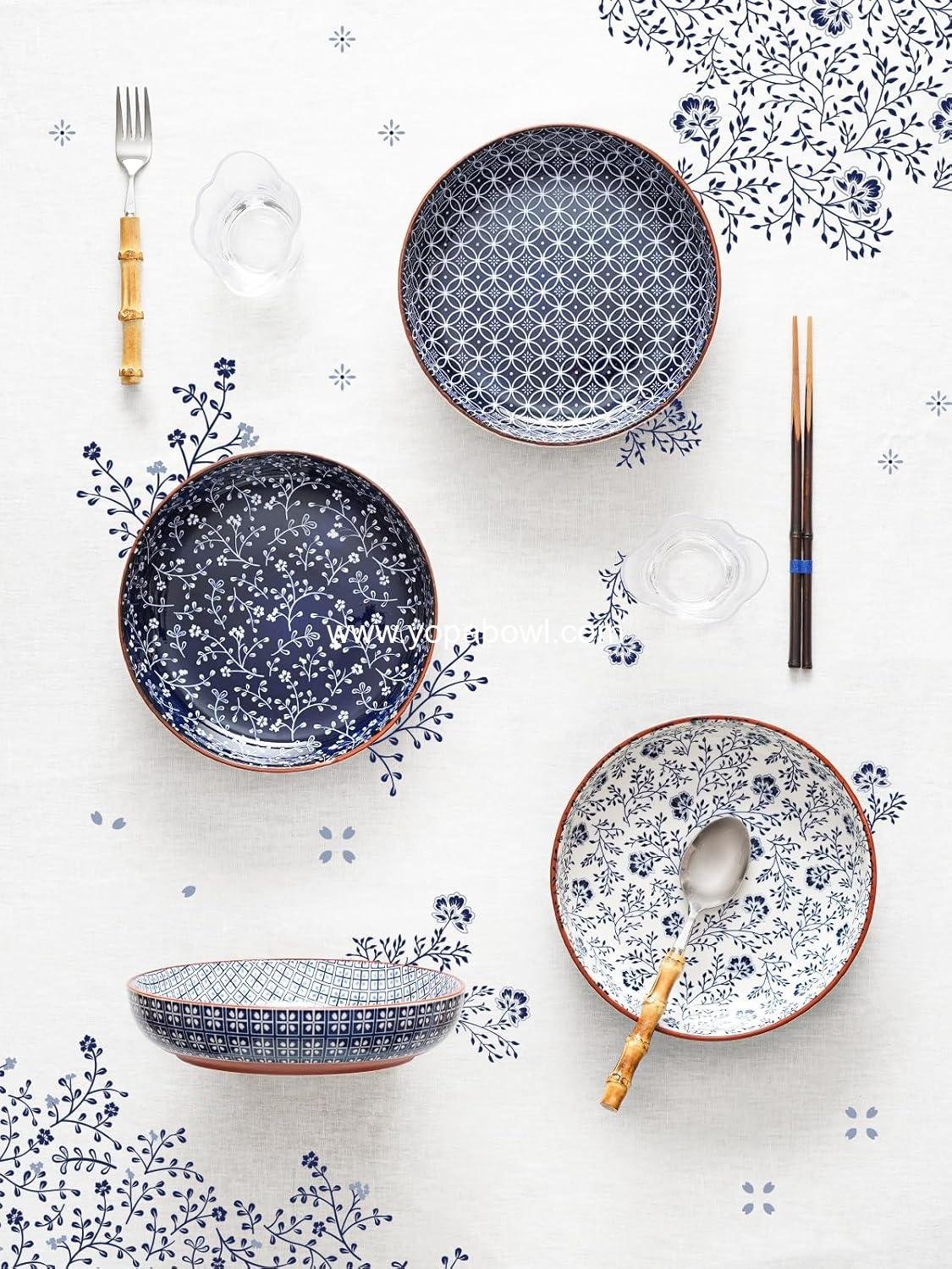 OEM 32 oz Ceramic Pasta Bowls, Japanese-Style Serving Plates for Pasta, Salad, Fruits, Noodles, and Soup - 8.2 Inch, Set of 4, Vintage Blue, Factory