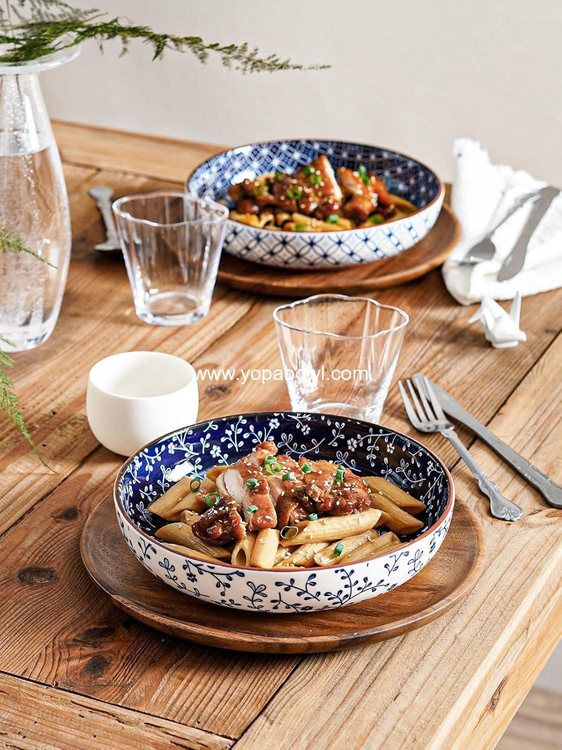 OEM 32 oz Ceramic Pasta Bowls, Japanese-Style Serving Plates for Pasta, Salad, Fruits, Noodles, and Soup - 8.2 Inch, Set of 4, Vintage Blue, Factory