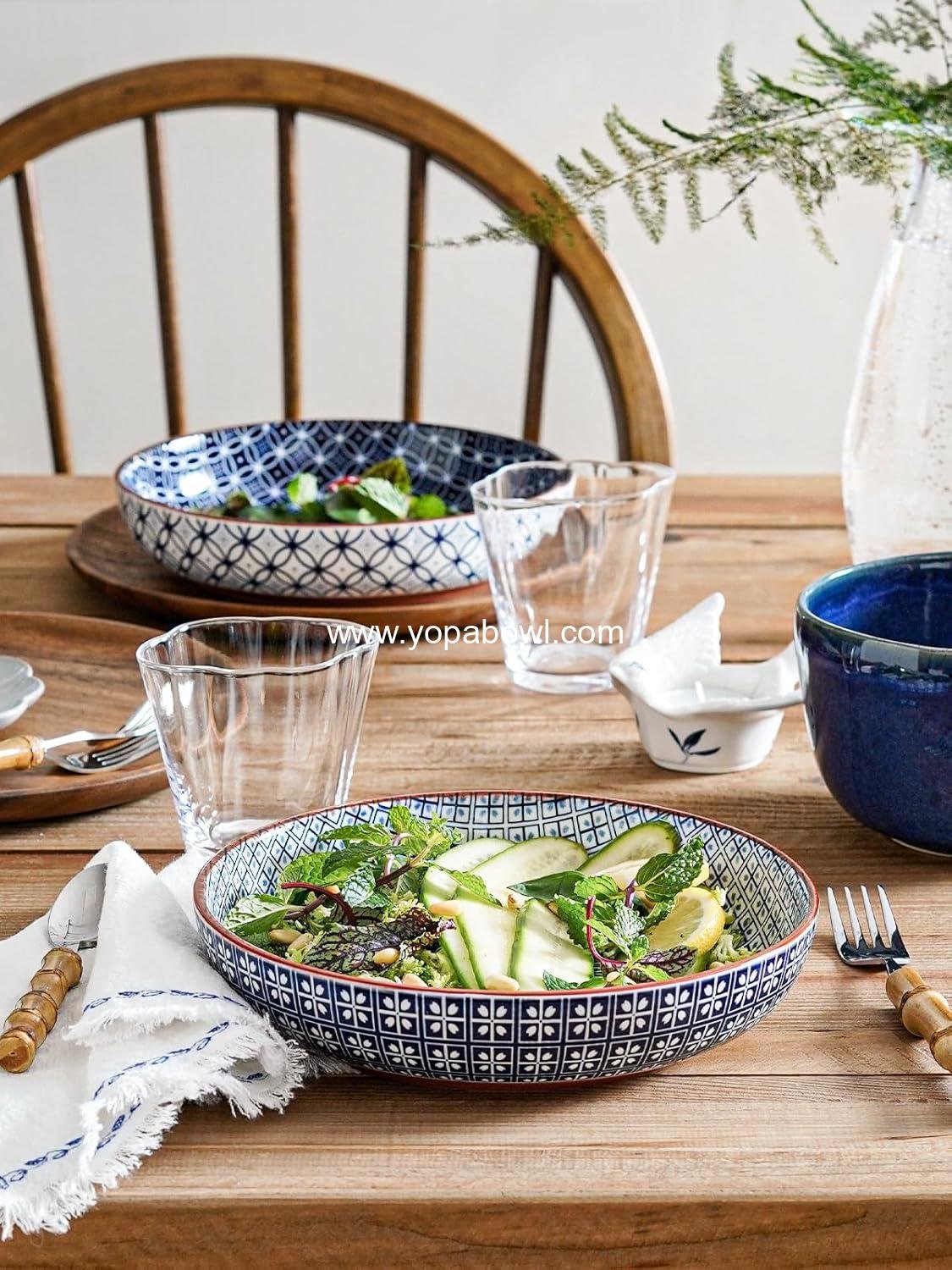 OEM 32 oz Ceramic Pasta Bowls, Japanese-Style Serving Plates for Pasta, Salad, Fruits, Noodles, and Soup - 8.2 Inch, Set of 4, Vintage Blue, Factory