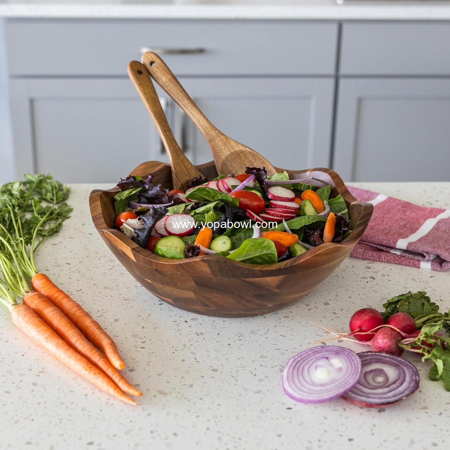 Wholesale Wood Salad Bowl Set with Serving Utensils - Large 12