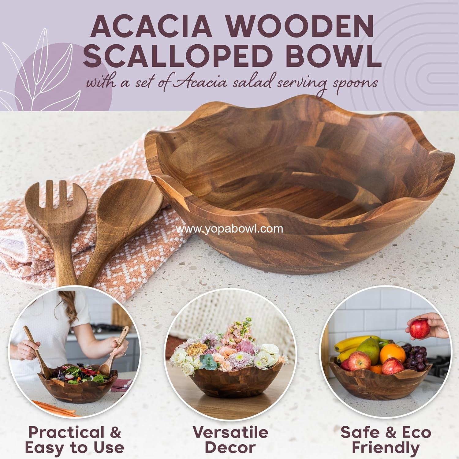 Wholesale Wood Salad Bowl Set with Serving Utensils - Large 12