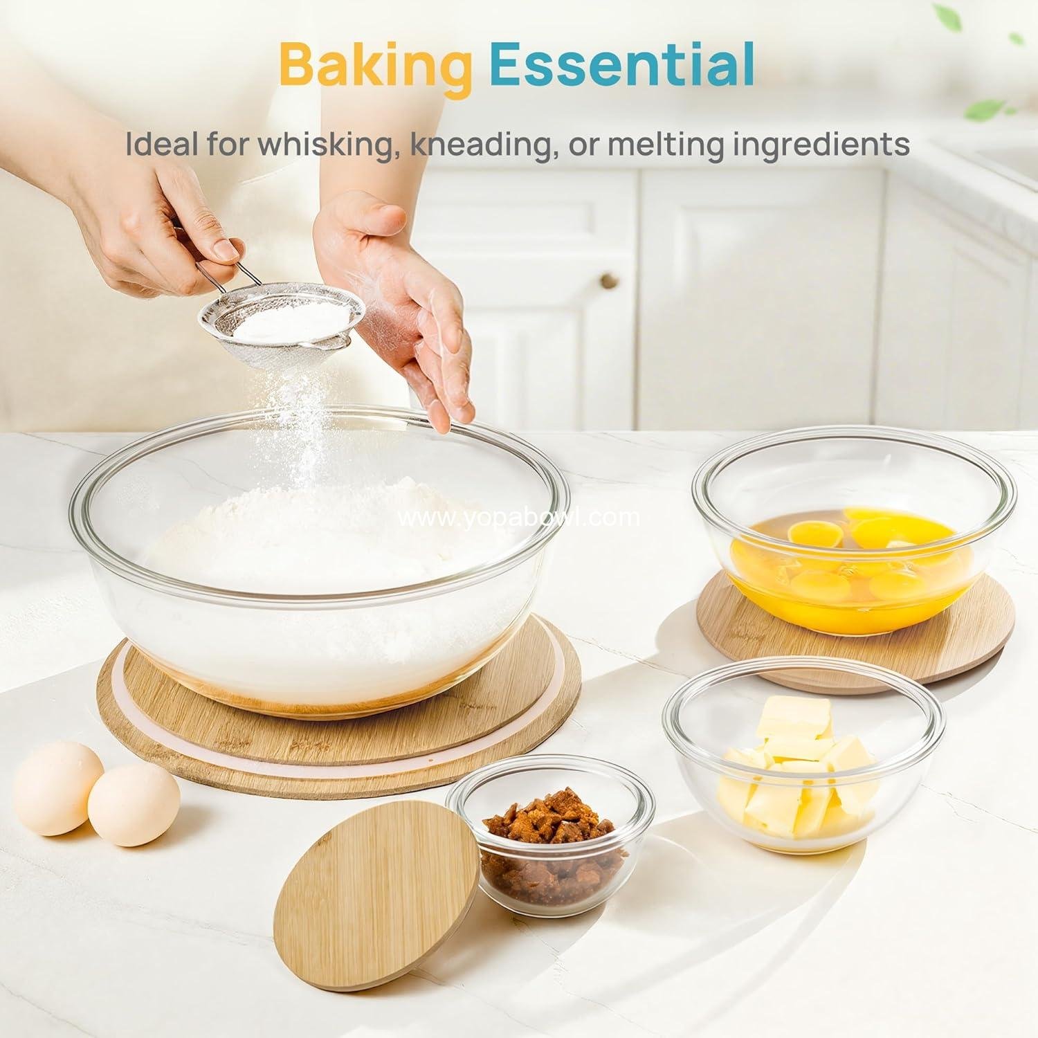 Wholesale 5 Pack Glass Mixing Bowls with Bamboo Lids Set (3.75 QT, 2.1 QT, 1.1 QT, 0.5 QT, 0.2 QT) for Salad, Serving, Prepping, Cooking, and Baking, Dishwasher & Microwave Safe, Factory Wholesale 5 Pack Glass Mixing Bowls with Bamboo Lids Set (3.75 QT, 2.1 QT, 1.1 QT, 0.5 QT, 0.2 QT) for Salad, Serving, Prepping, Cooking, and Baking, Dishwasher & Microwave Safe, Factory