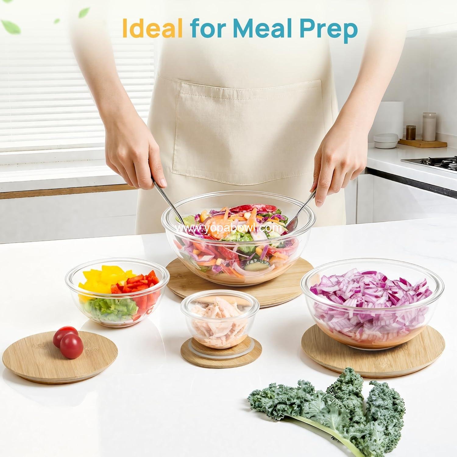 Wholesale 5 Pack Glass Mixing Bowls with Bamboo Lids Set (3.75 QT, 2.1 QT, 1.1 QT, 0.5 QT, 0.2 QT) for Salad, Serving, Prepping, Cooking, and Baking, Dishwasher & Microwave Safe, Factory Wholesale 5 Pack Glass Mixing Bowls with Bamboo Lids Set (3.75 QT, 2.1 QT, 1.1 QT, 0.5 QT, 0.2 QT) for Salad, Serving, Prepping, Cooking, and Baking, Dishwasher & Microwave Safe, Factory