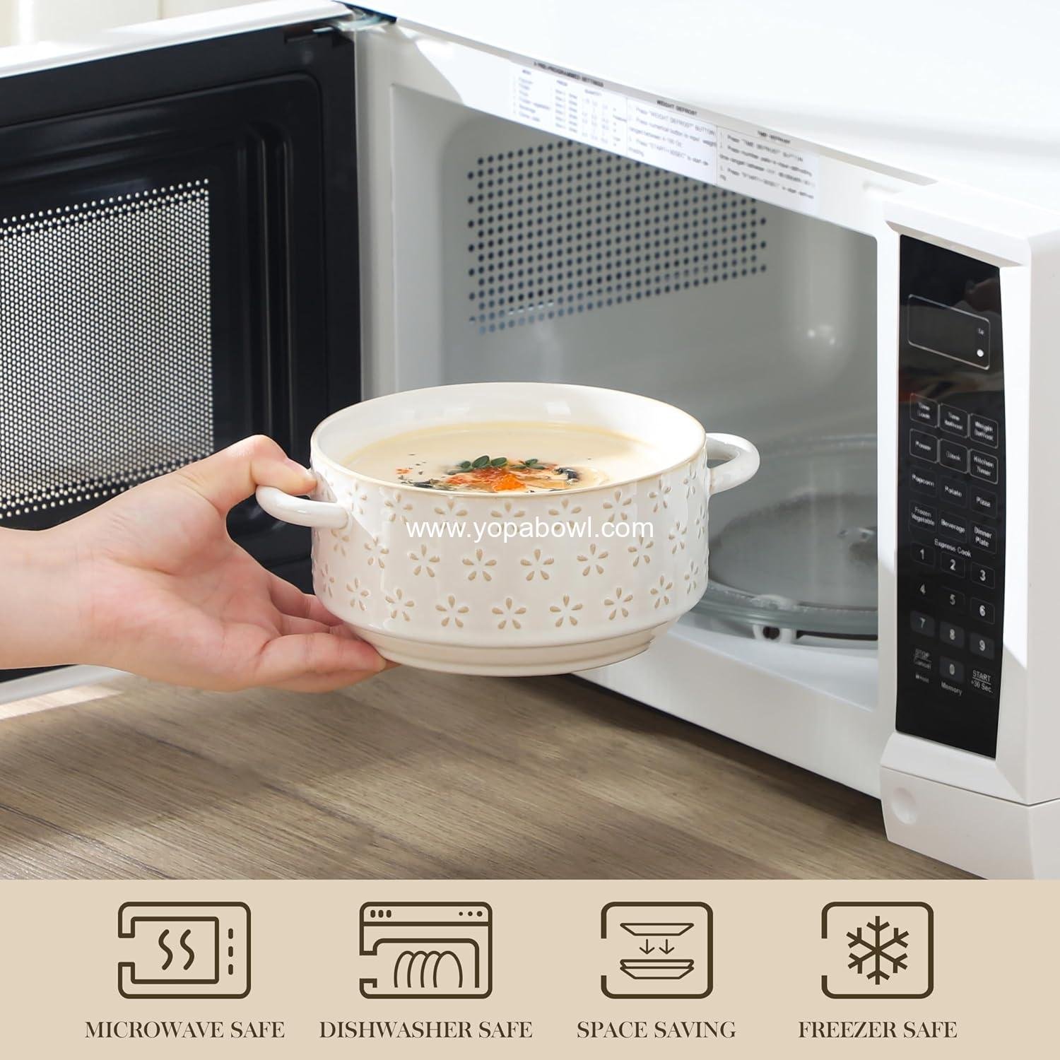 Wholesale 20 oz Ceramic Soup Bowls with Handles, Set of 4 – Oven & Microwave Safe French Onion Bowls with Unique Embossed Patterns, Dishwasher Safe for Soups, Stews & Desserts, Series LYDIA Factory