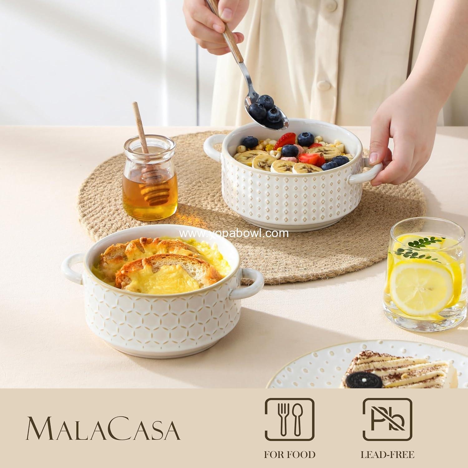 Wholesale 20 oz Ceramic Soup Bowls with Handles, Set of 4 – Oven & Microwave Safe French Onion Bowls with Unique Embossed Patterns, Dishwasher Safe for Soups, Stews & Desserts, Series LYDIA Factory