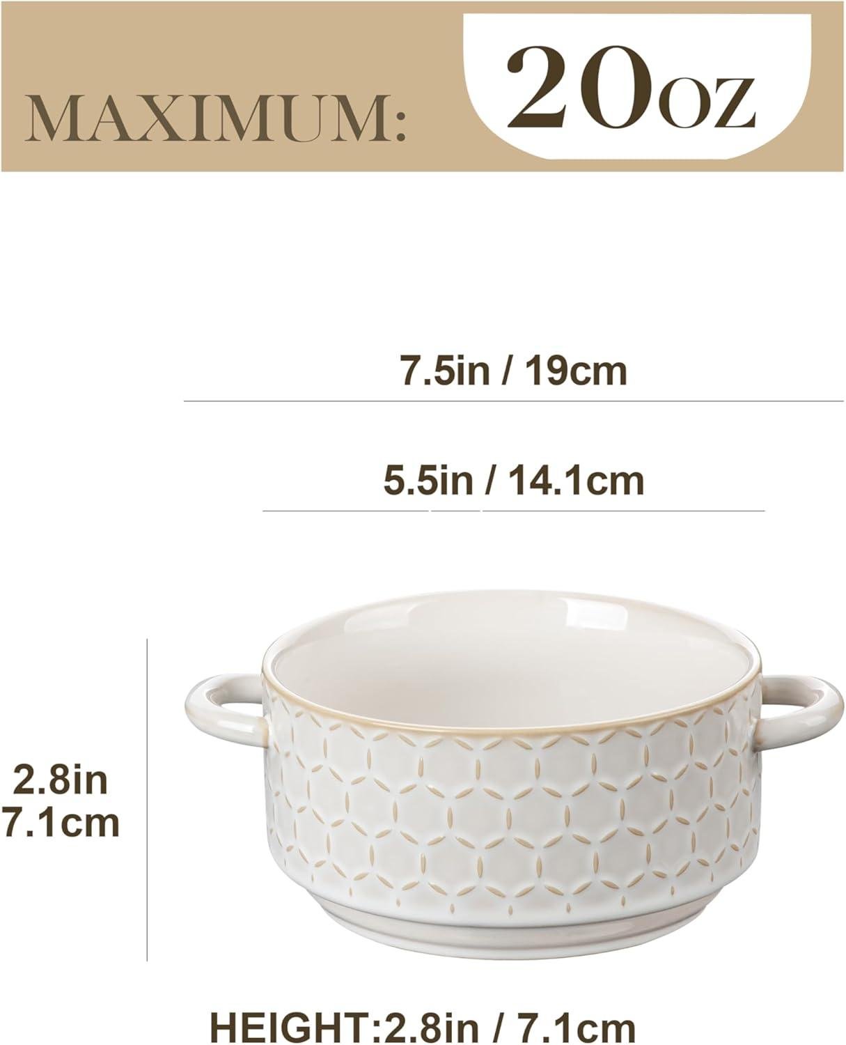 Wholesale 20 oz Ceramic Soup Bowls with Handles, Set of 4 – Oven & Microwave Safe French Onion Bowls with Unique Embossed Patterns, Dishwasher Safe for Soups, Stews & Desserts, Series LYDIA Factory