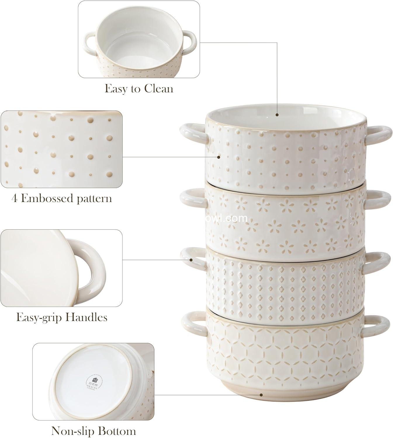 Wholesale 20 oz Ceramic Soup Bowls with Handles, Set of 4 – Oven & Microwave Safe French Onion Bowls with Unique Embossed Patterns, Dishwasher Safe for Soups, Stews & Desserts, Series LYDIA Factory