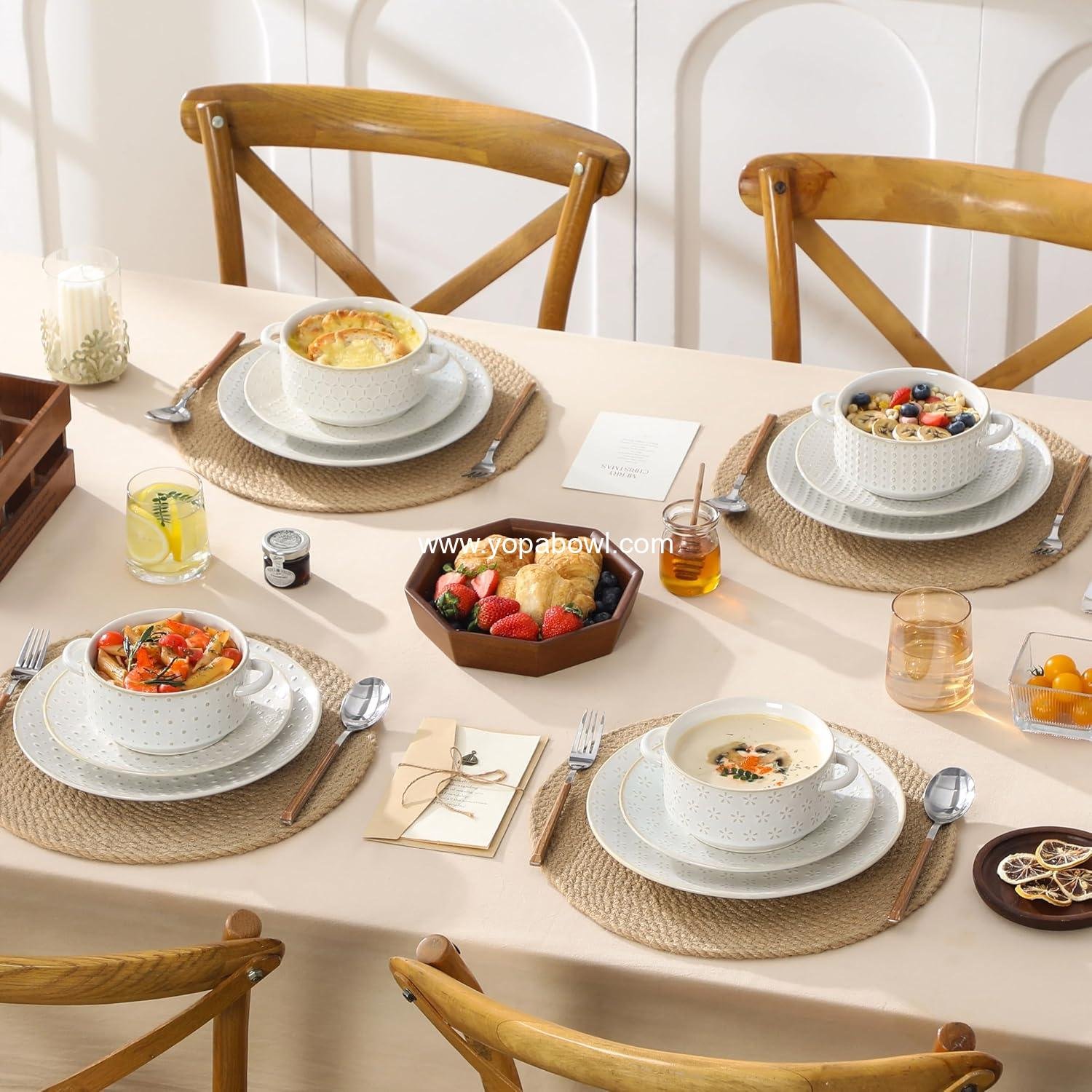 Wholesale 20 oz Ceramic Soup Bowls with Handles, Set of 4 – Oven & Microwave Safe French Onion Bowls with Unique Embossed Patterns, Dishwasher Safe for Soups, Stews & Desserts, Series LYDIA Factory