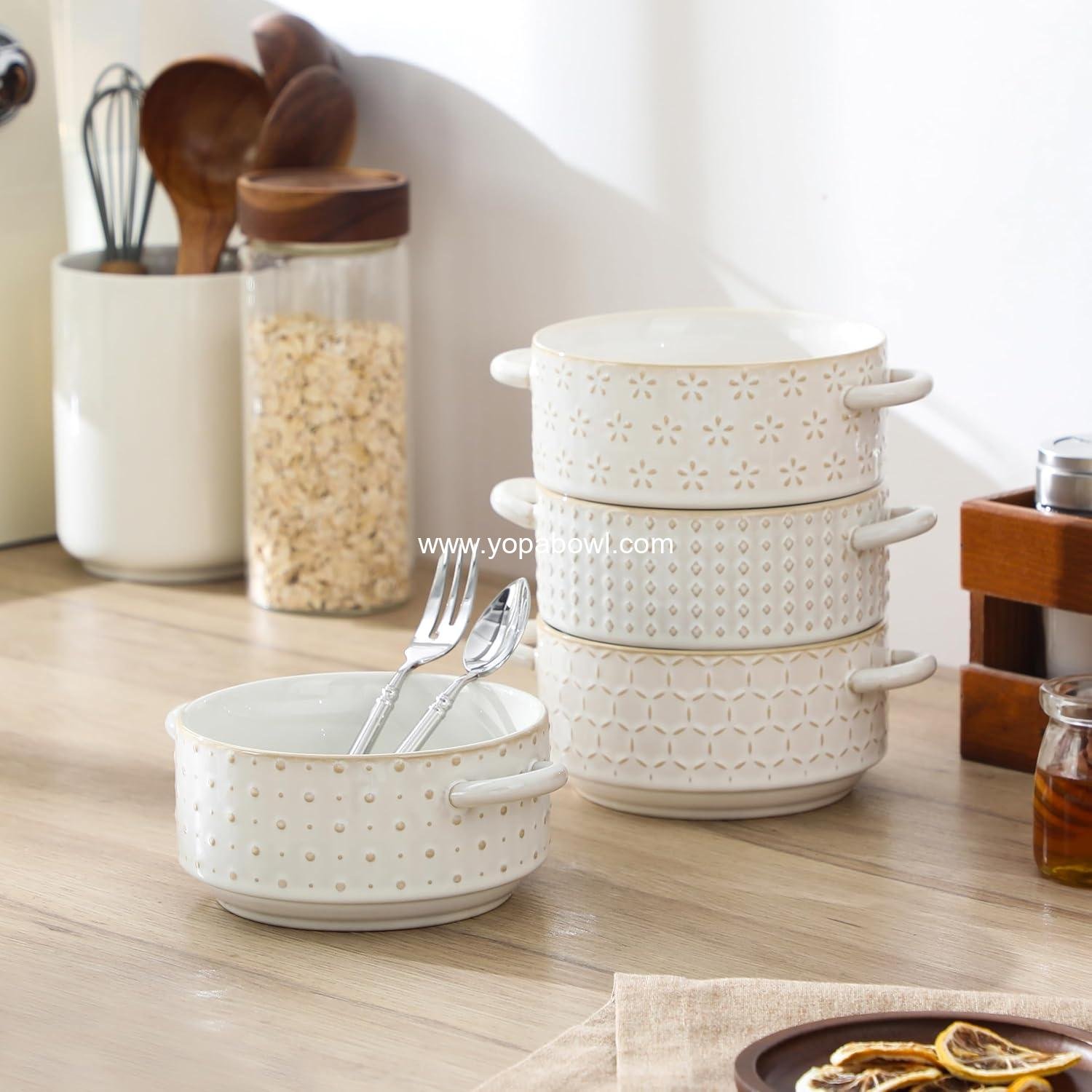 Wholesale 20 oz Ceramic Soup Bowls with Handles, Set of 4 – Oven & Microwave Safe French Onion Bowls with Unique Embossed Patterns, Dishwasher Safe for Soups, Stews & Desserts, Series LYDIA Factory
