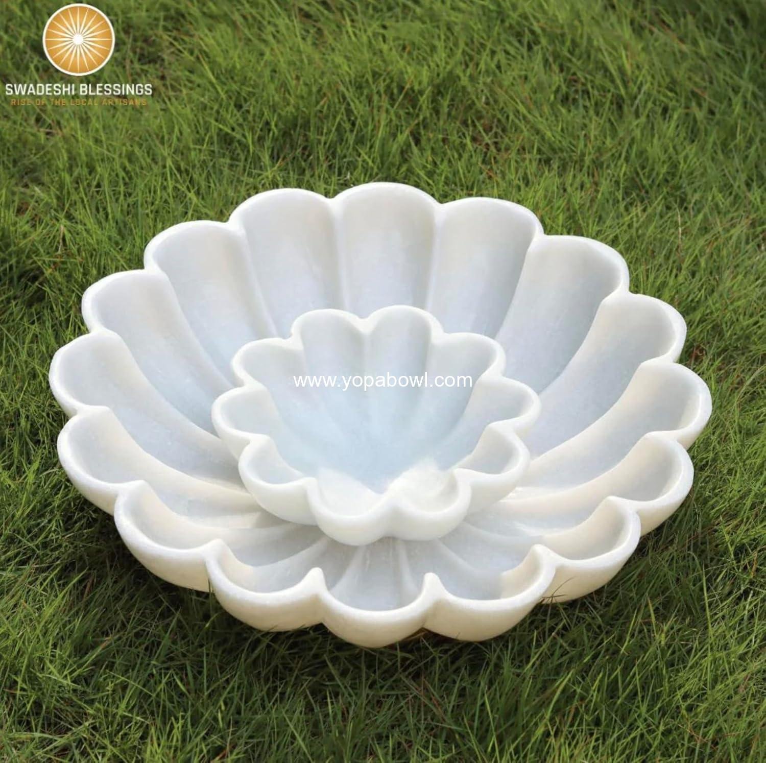 Wholesale Handcrafted Marble Decorative Bowl | White Ruffle Scalloped Fluted Key/Fruit Ring Dish | Organic Modern Home Decor (6 Inches) - Factory