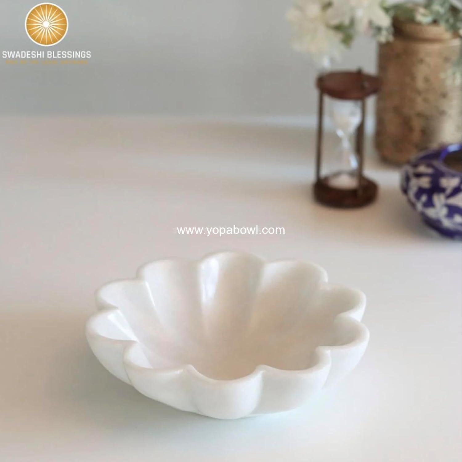 Wholesale Handcrafted Marble Decorative Bowl | White Ruffle Scalloped Fluted Key/Fruit Ring Dish | Organic Modern Home Decor (6 Inches) - Factory