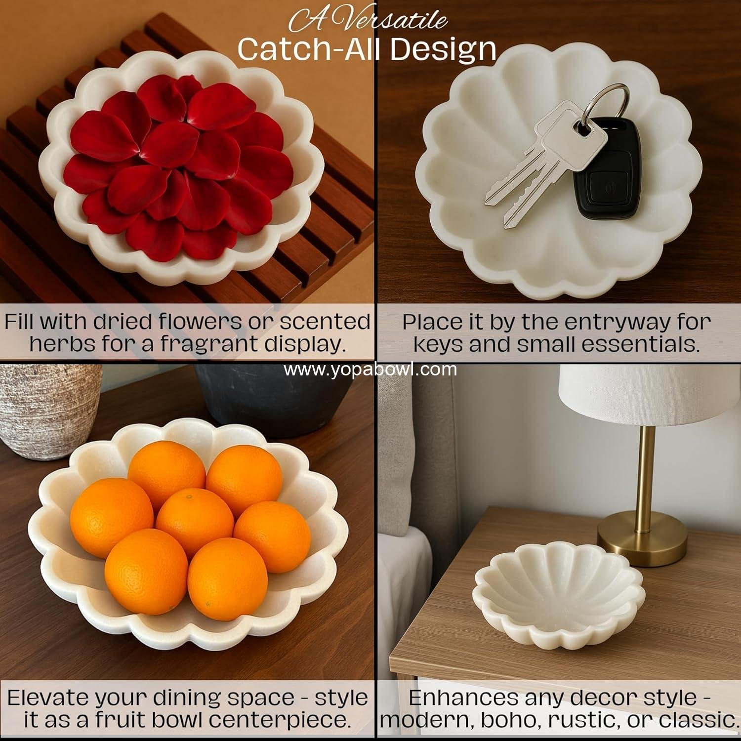 Wholesale Handcrafted Marble Decorative Bowl | White Ruffle Scalloped Fluted Key/Fruit Ring Dish | Organic Modern Home Decor (6 Inches) - Factory