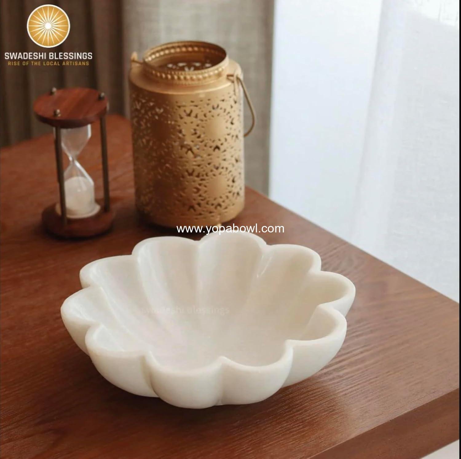 Wholesale Handcrafted Marble Decorative Bowl | White Ruffle Scalloped Fluted Key/Fruit Ring Dish | Organic Modern Home Decor (6 Inches) - Factory