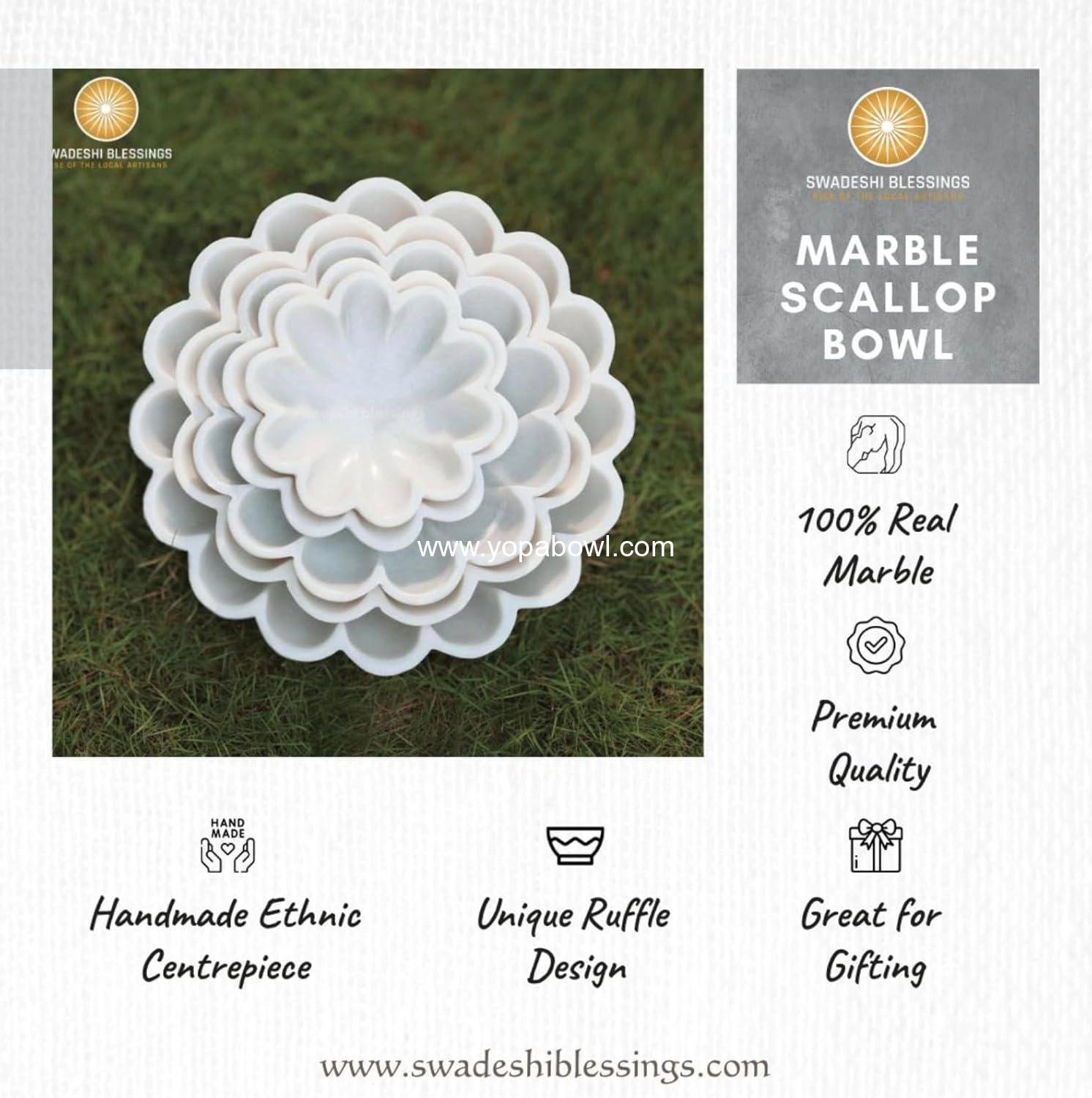 Wholesale Handcrafted Marble Decorative Bowl | White Ruffle Scalloped Fluted Key/Fruit Ring Dish | Organic Modern Home Decor (6 Inches) - Factory