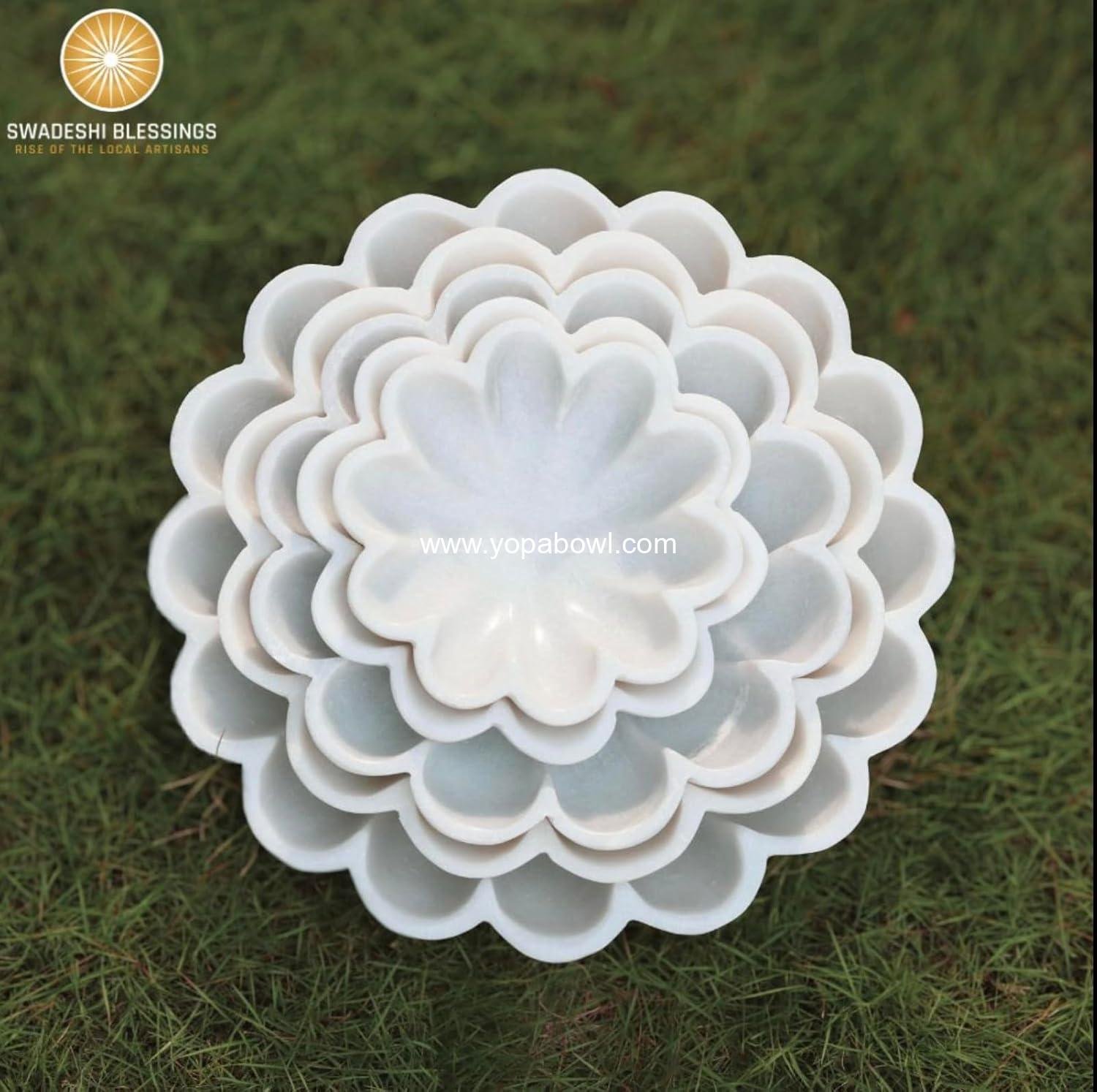 Wholesale Handcrafted Marble Decorative Bowl | White Ruffle Scalloped Fluted Key/Fruit Ring Dish | Organic Modern Home Decor (6 Inches) - Factory