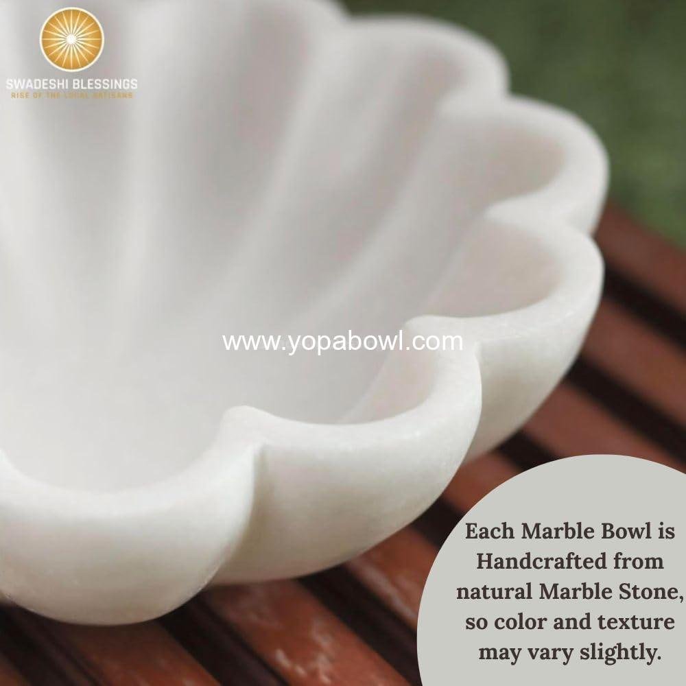 Wholesale Handcrafted Marble Decorative Bowl | White Ruffle Scalloped Fluted Key/Fruit Ring Dish | Organic Modern Home Decor (6 Inches) - Factory