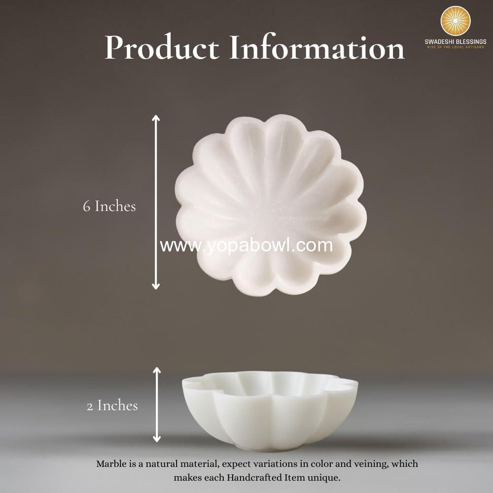 Wholesale Handcrafted Marble Decorative Bowl | White Ruffle Scalloped Fluted Key/Fruit Ring Dish | Organic Modern Home Decor (6 Inches) - Factory