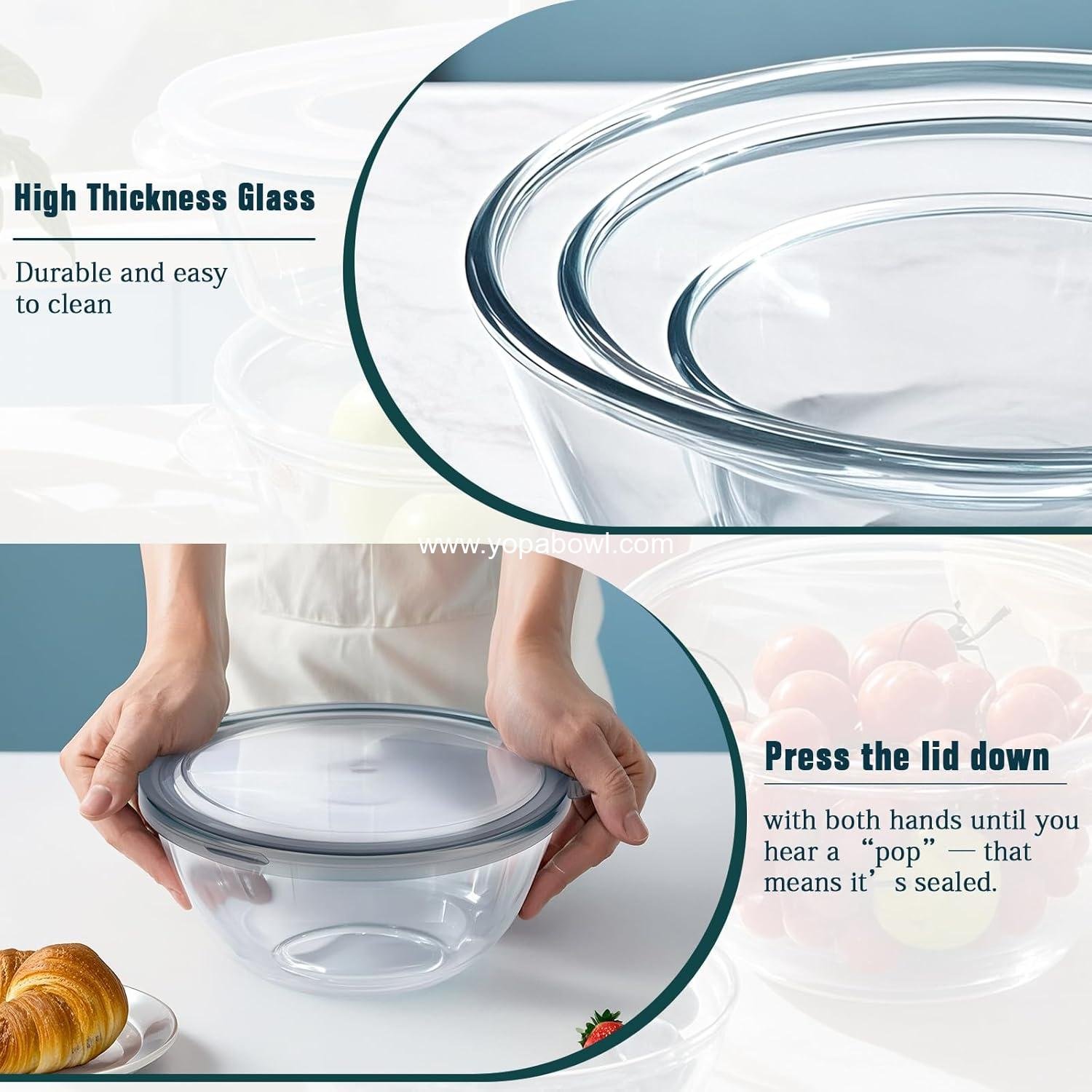 Wholesale Glass Mixing Bowls with Lids Set (4.5QT, 2.7QT, 1.1QT) - Space-Saving Nesting Serving and Storage Containers for Cooking, Baking, and Prepping - Manufacturer