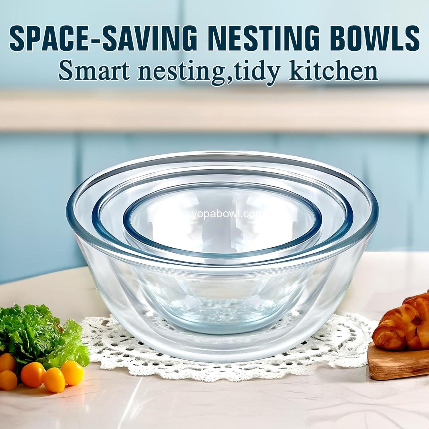 Wholesale Glass Mixing Bowls with Lids Set (4.5QT, 2.7QT, 1.1QT) - Space-Saving Nesting Serving and Storage Containers for Cooking, Baking, and Prepping - Manufacturer