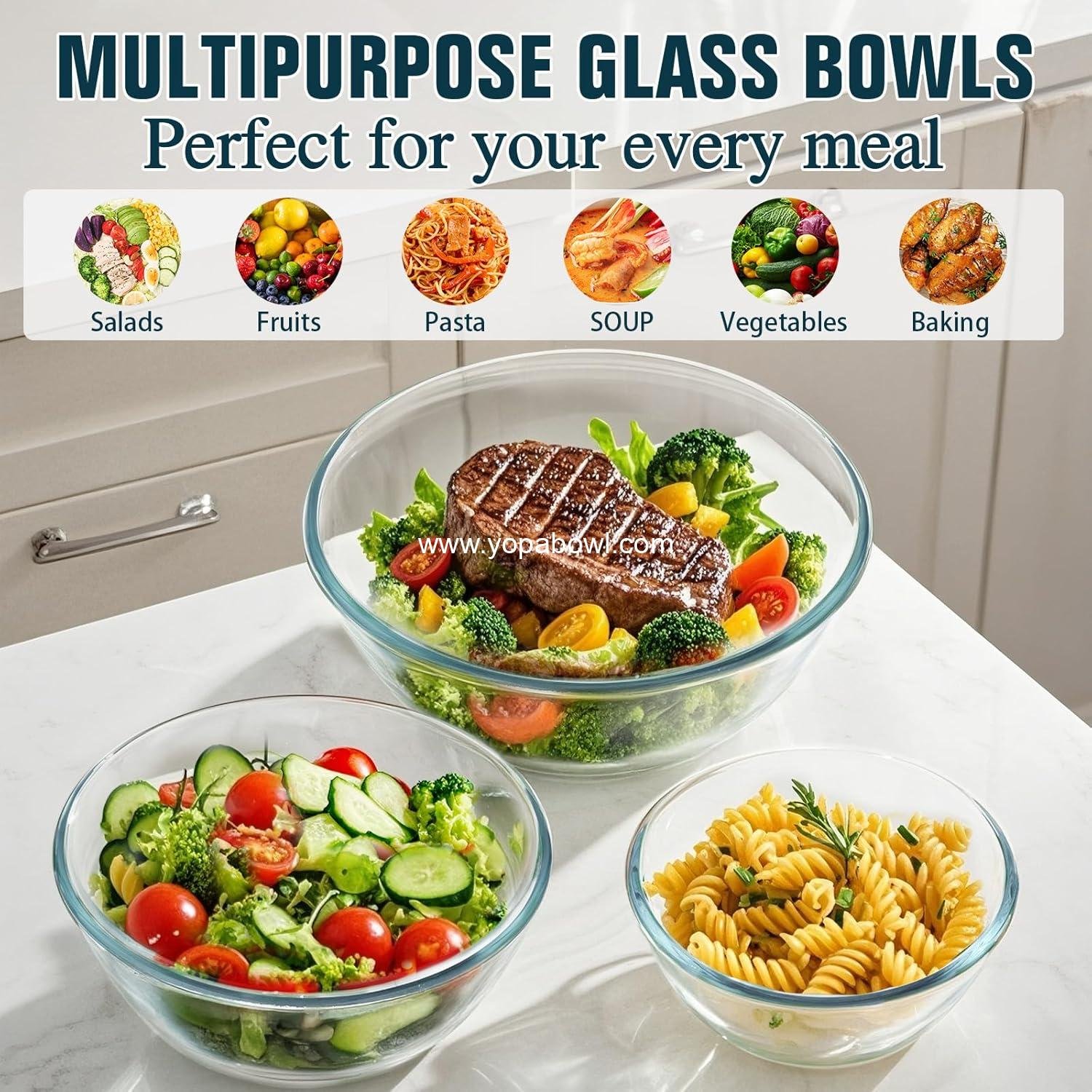 Wholesale Glass Mixing Bowls with Lids Set (4.5QT, 2.7QT, 1.1QT) - Space-Saving Nesting Serving and Storage Containers for Cooking, Baking, and Prepping - Manufacturer