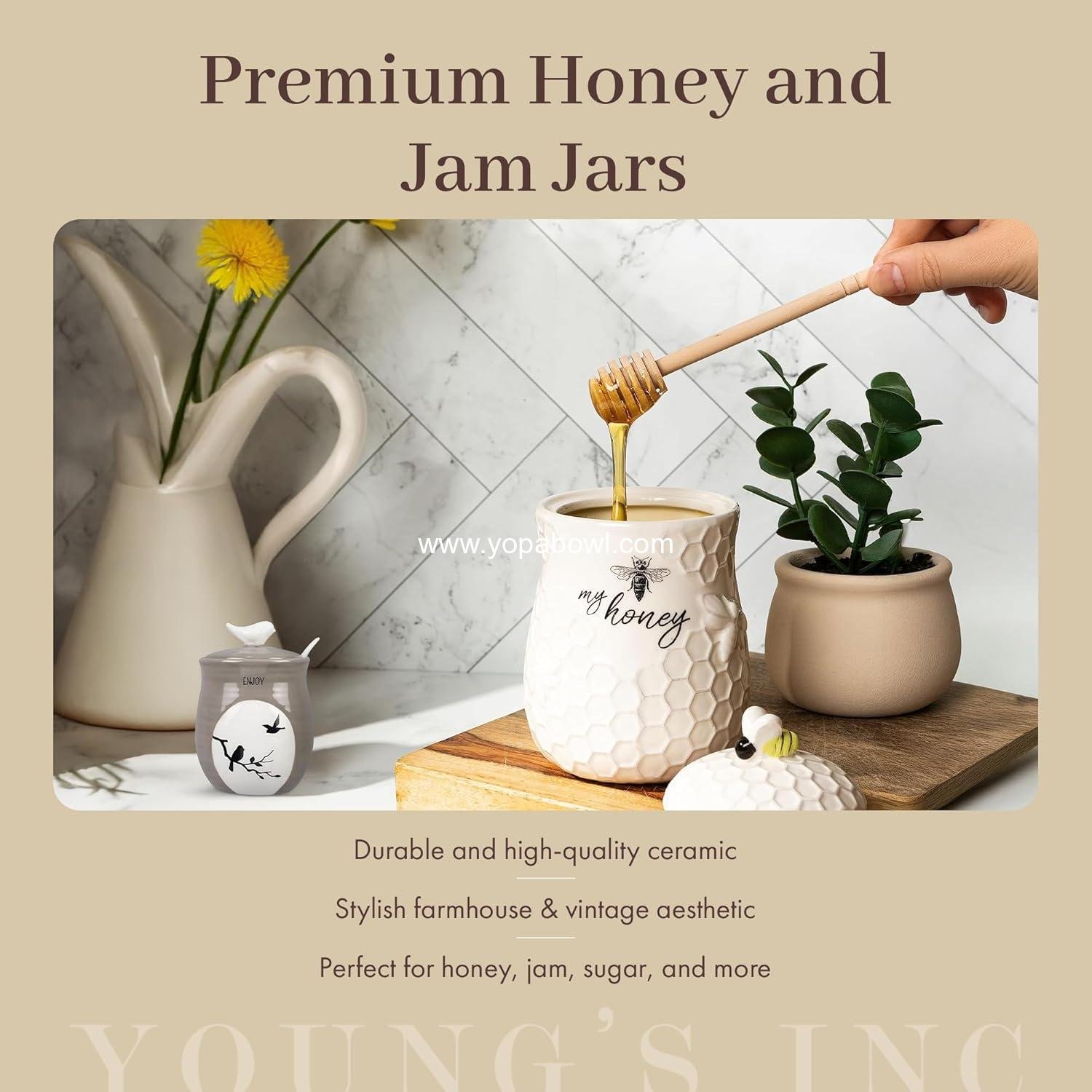 Wholesale Ceramic Honey Jar with Lid and Wooden Dipper - Farmhouse Kitchen Decor - Tea Accessories Factory Wholesale Ceramic Honey Jar with Lid and Wooden Dipper - Farmhouse Kitchen Decor - Tea Accessories Factory