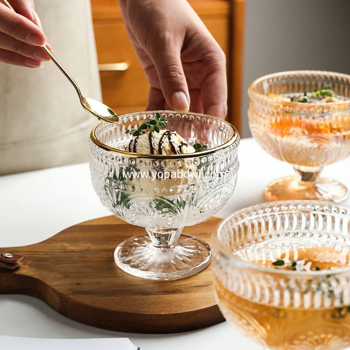 Wholesale Vintage Sunflower Embossed Glass Footed Dessert Bowl for Ice Cream, Trifle, Salad, Candy, Cake - 9 oz Amber - Factory Wholesale Vintage Sunflower Embossed Glass Footed Dessert Bowl for Ice Cream, Trifle, Salad, Candy, Cake - 9 oz Amber - Factory