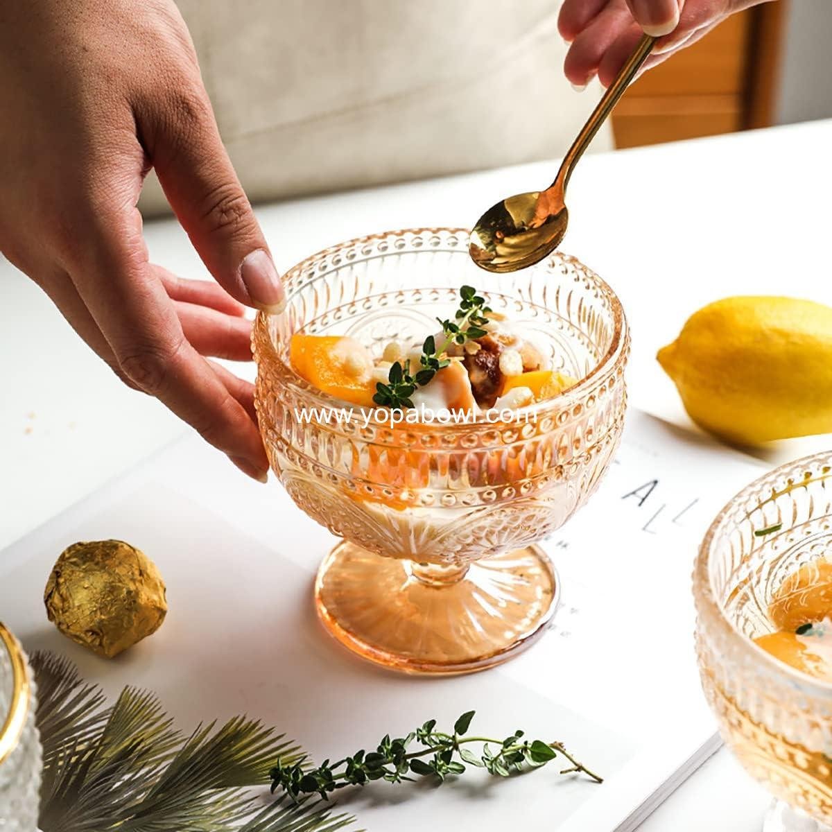 Wholesale Vintage Sunflower Embossed Glass Footed Dessert Bowl for Ice Cream, Trifle, Salad, Candy, Cake - 9 oz Amber - Factory Wholesale Vintage Sunflower Embossed Glass Footed Dessert Bowl for Ice Cream, Trifle, Salad, Candy, Cake - 9 oz Amber - Factory