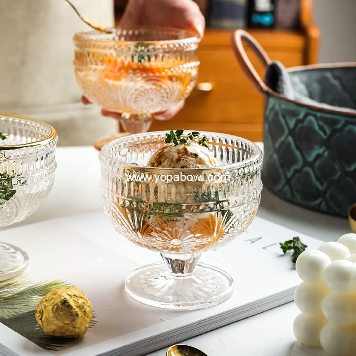 Wholesale Vintage Sunflower Embossed Glass Footed Dessert Bowl for Ice Cream, Trifle, Salad, Candy, Cake - 9 oz Amber - Factory Wholesale Vintage Sunflower Embossed Glass Footed Dessert Bowl for Ice Cream, Trifle, Salad, Candy, Cake - 9 oz Amber - Factory