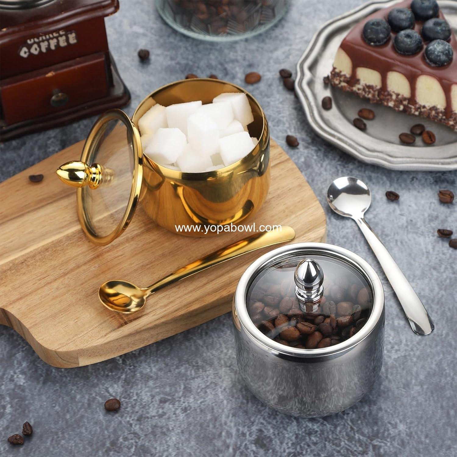 Wholesale 10oz Sugar Bowl with Lid and Spoon - Silver Sugar Container for Coffee Bar and Kitchen Accessories - Perfect for Sugar, Salt, and Coffee Bean Use - Factory