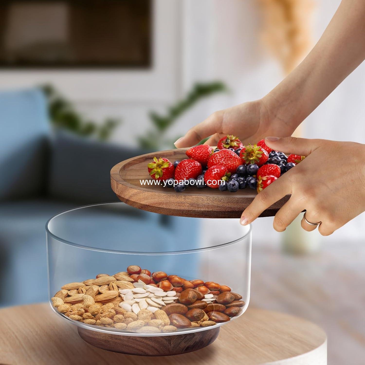 Wholesale Large Glass Salad Bowls Set with Acacia Wood Base, Lid, and Serving Utensils - Elegant Kitchen Essential for Parties and Gatherings, Manufacturer
