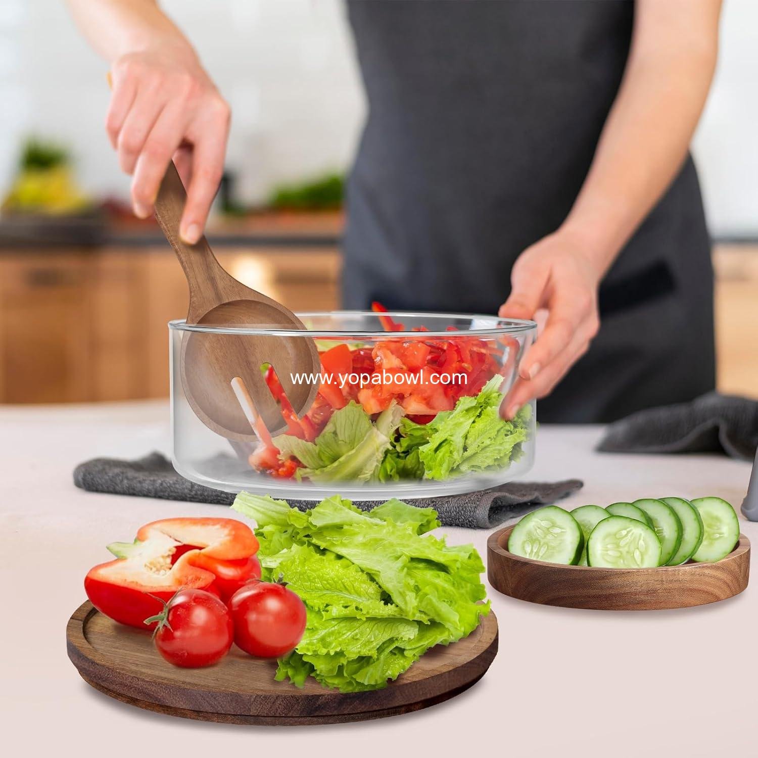 Wholesale Large Glass Salad Bowls Set with Acacia Wood Base, Lid, and Serving Utensils - Elegant Kitchen Essential for Parties and Gatherings, Manufacturer