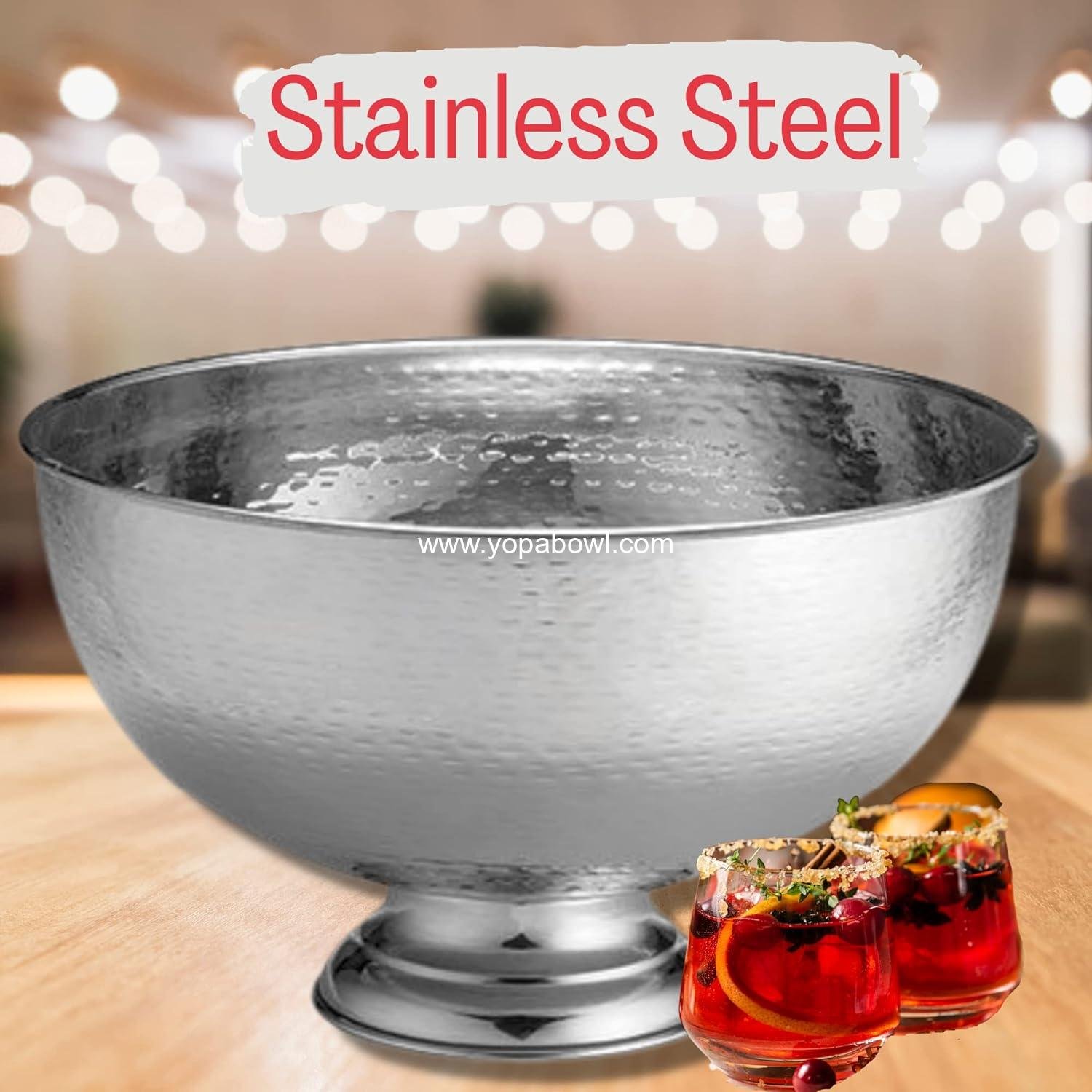 Wholesale Hammered Pedestal Punch Bowl, Large Silver Stainless Steel, 54 Cup Capacity, 3.4 Gallon, Ideal for Hot and Cold Drinks, Champagne, Cocktails, Sangria, Juice, Elegant Design Factory