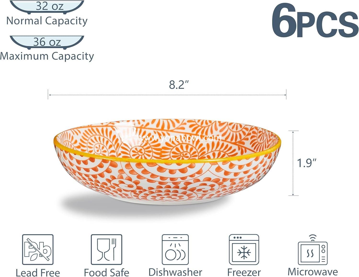 Wholesale Colorful Pasta Bowls Set of 6, 36oz - Oven, Microwave, and Dishwasher Safe Ceramic Wide Bowl for Dinner - Stackable and Scratch Resistant - Assorted Colors Manufacturer