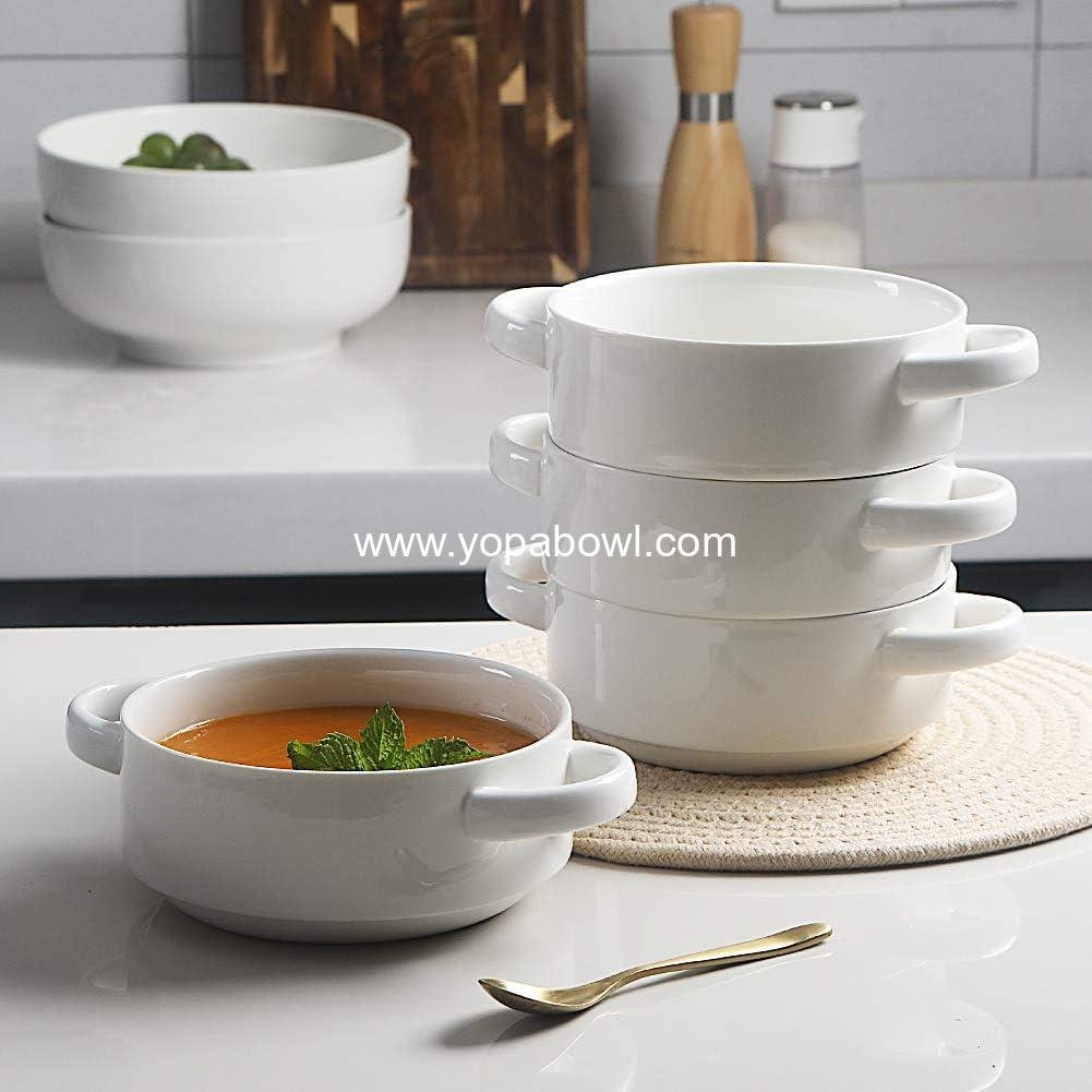 Wholesale Ceramic Soup Bowls with Double Handles, 20 Oz Stackable Bowls for French Onion Soup, Cereal, Pot Pies, Stew, Chili, Pasta, Set of 4, White - Factory Wholesale Ceramic Soup Bowls with Double Handles, 20 Oz Stackable Bowls for French Onion Soup, Cereal, Pot Pies, Stew, Chili, Pasta, Set of 4, White - Factory