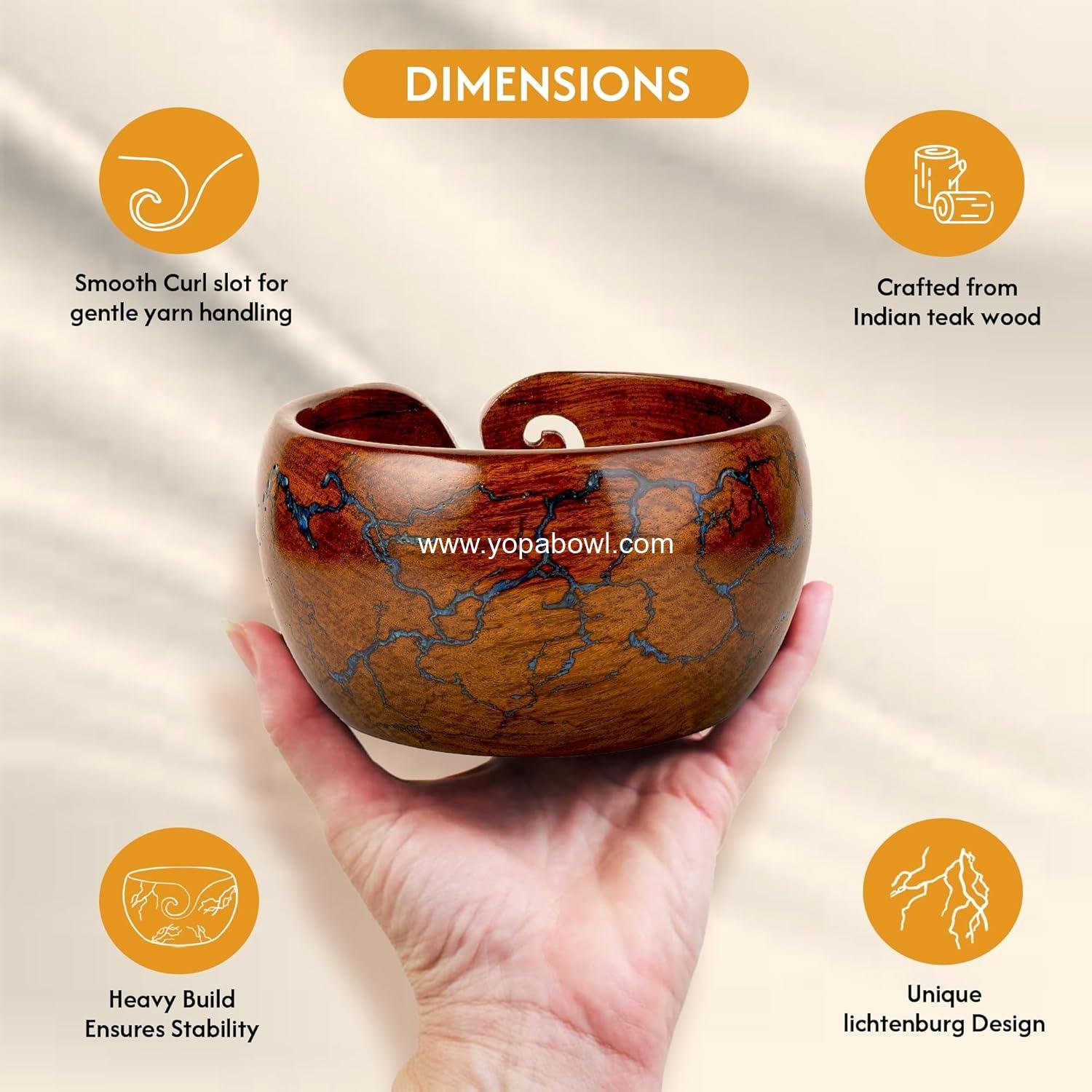 Wholesale Wooden Yarn Bowl Knitting & Crochet Holder | Handcrafted Bowl with Fractal Wood Burning & Blue Resin Inlay (Large 7x7x4) Factory