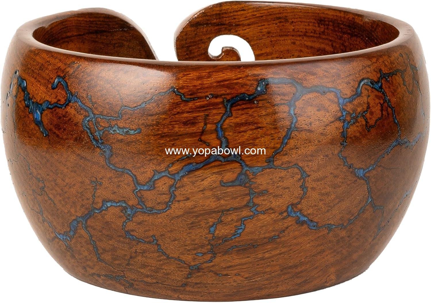 Wholesale Wooden Yarn Bowl Knitting & Crochet Holder | Handcrafted Bowl with Fractal Wood Burning & Blue Resin Inlay (Large 7x7x4) Factory