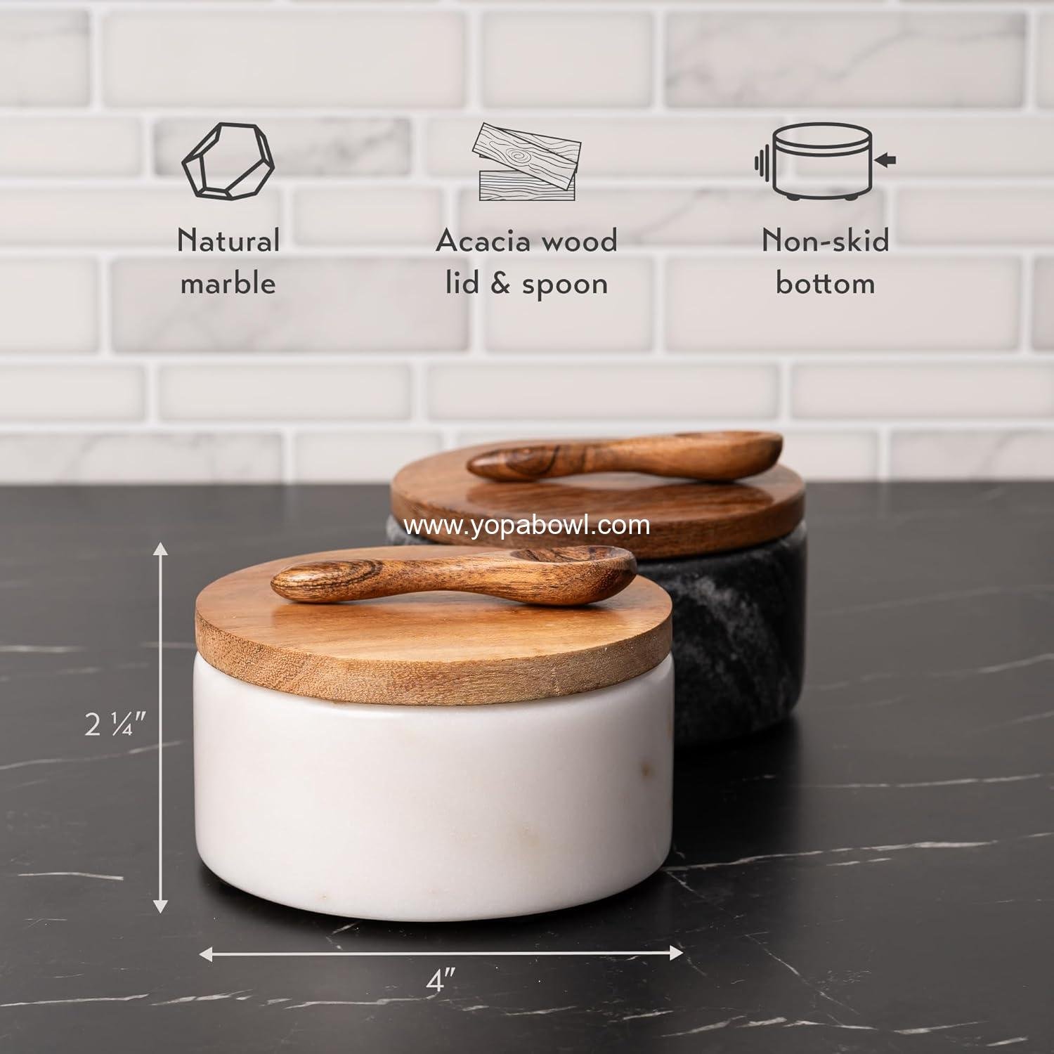 Wholesale Marble Salt and Pepper Bowls - Set of 2 Handcrafted White/Grey Solid Marble Cellars with Lids and Spoons - Elegant Countertop or Table Containers - Factory