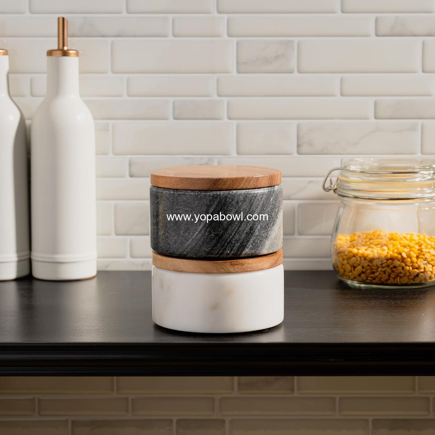 Wholesale Marble Salt and Pepper Bowls - Set of 2 Handcrafted White/Grey Solid Marble Cellars with Lids and Spoons - Elegant Countertop or Table Containers - Factory