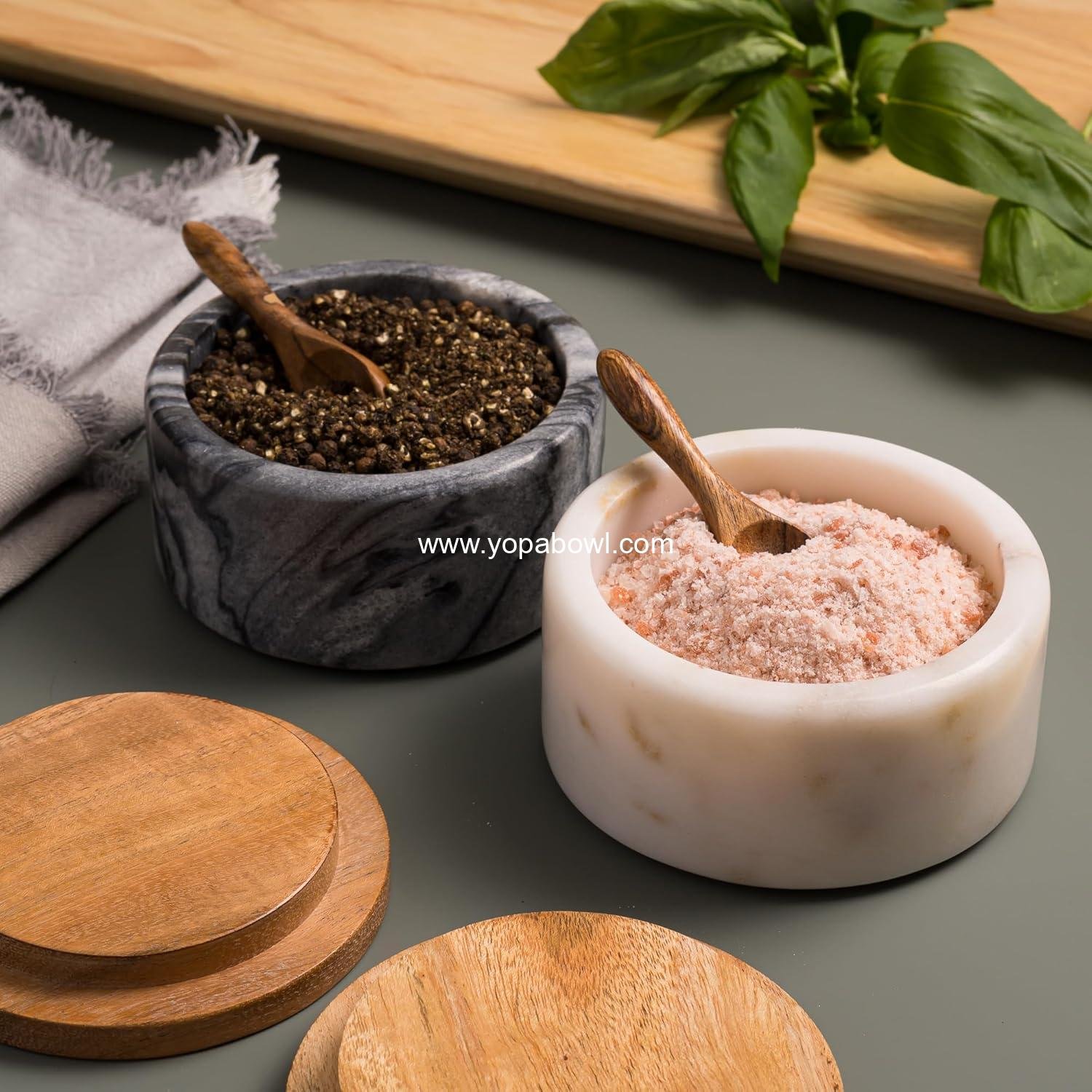 Wholesale Marble Salt and Pepper Bowls - Set of 2 Handcrafted White/Grey Solid Marble Cellars with Lids and Spoons - Elegant Countertop or Table Containers - Factory
