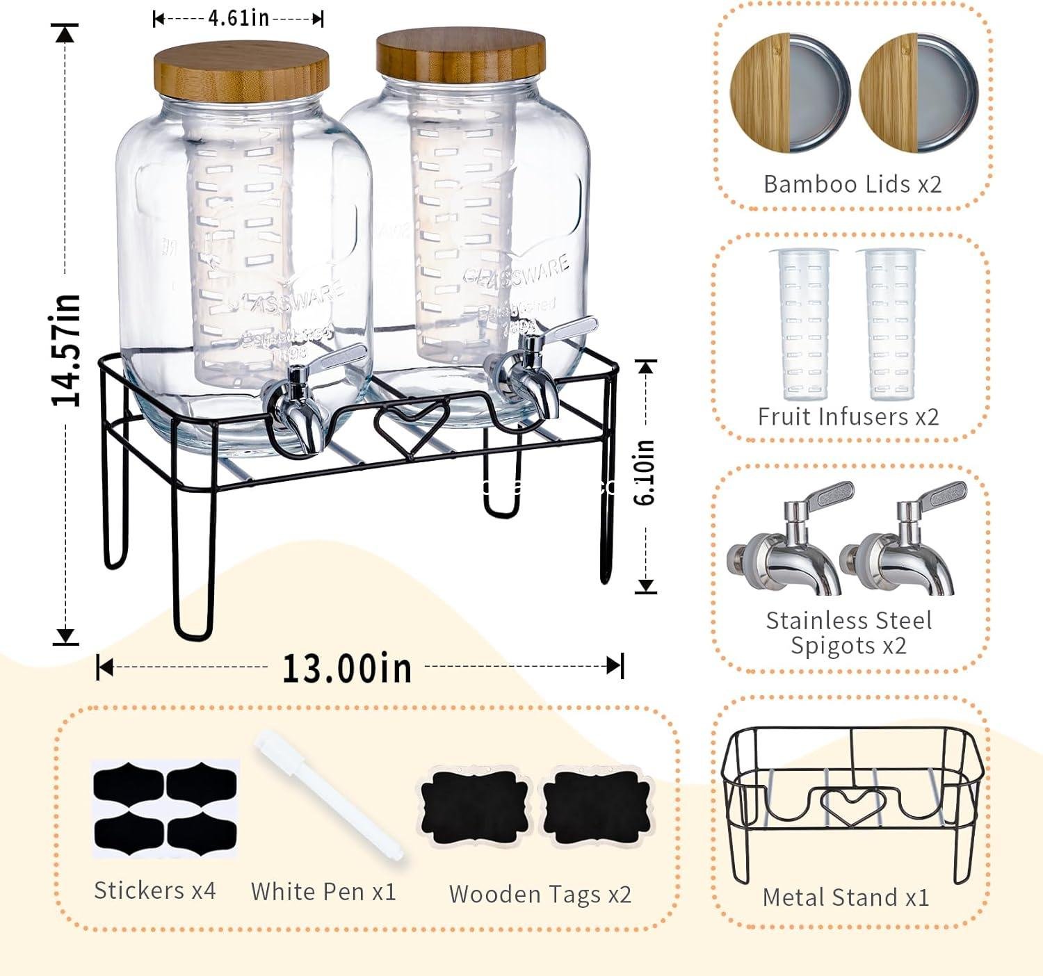 Wholesale 2 Pack 1 Gallon Glass Drink Dispensers with Stand, Bamboo Lids, and Fruit Infuser, 304 Stainless Steel Leak-Proof Spigot, Beverage Dispenser for Parties, Sangria, Juice, Sun Tea, Lemonade - Factory Wholesale 2 Pack 1 Gallon Glass Drink Dispensers with Stand, Bamboo Lids, and Fruit Infuser, 304 Stainless Steel Leak-Proof Spigot, Beverage Dispenser for Parties, Sangria, Juice, Sun Tea, Lemonade - Factory
