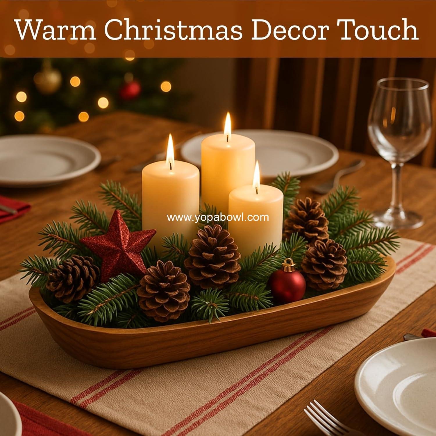 Wholesale 16.5'' Large Wooden Dough Bowl for Decor, Farmhouse Centerpiece Oval Dough Bowl for Table | Handmade Long Acacia Wood Bowl, Rustic Thanksgiving and Christmas Dining Decoration Factory