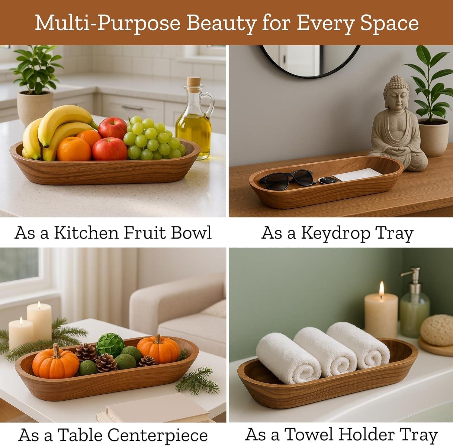 Wholesale 16.5'' Large Wooden Dough Bowl for Decor, Farmhouse Centerpiece Oval Dough Bowl for Table | Handmade Long Acacia Wood Bowl, Rustic Thanksgiving and Christmas Dining Decoration Factory