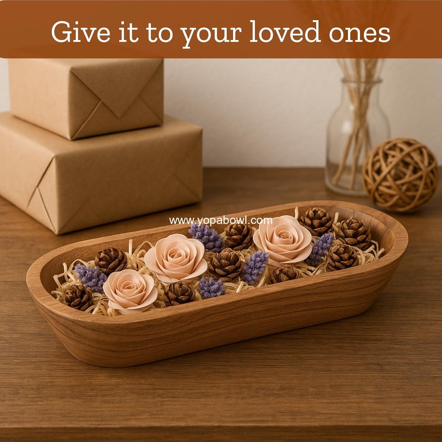 Wholesale 16.5'' Large Wooden Dough Bowl for Decor, Farmhouse Centerpiece Oval Dough Bowl for Table | Handmade Long Acacia Wood Bowl, Rustic Thanksgiving and Christmas Dining Decoration Factory