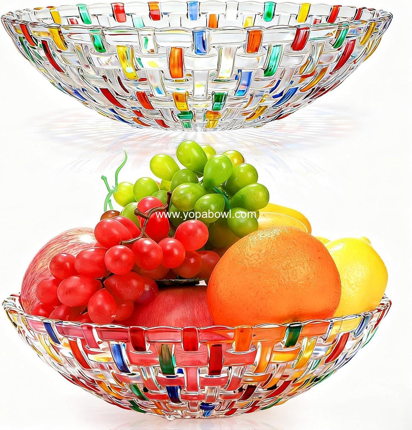 2 Pack Colorful Crystal Glass Fruit Bowls, 10" Hand Painted Woven Art Glass Bowl, Decorative Large Plate to Display Salad Dessert Cake Candy Snack for Home Office Wedding Centerpiece Decor