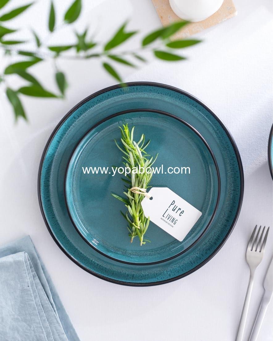 Wholesale 32 Piece Dinnerware Set for 8 - Modern Stoneware, Scratch Resistant and Dishwasher Safe - Ceramic Plates and Bowls in Black and Petrol Blue - Factory