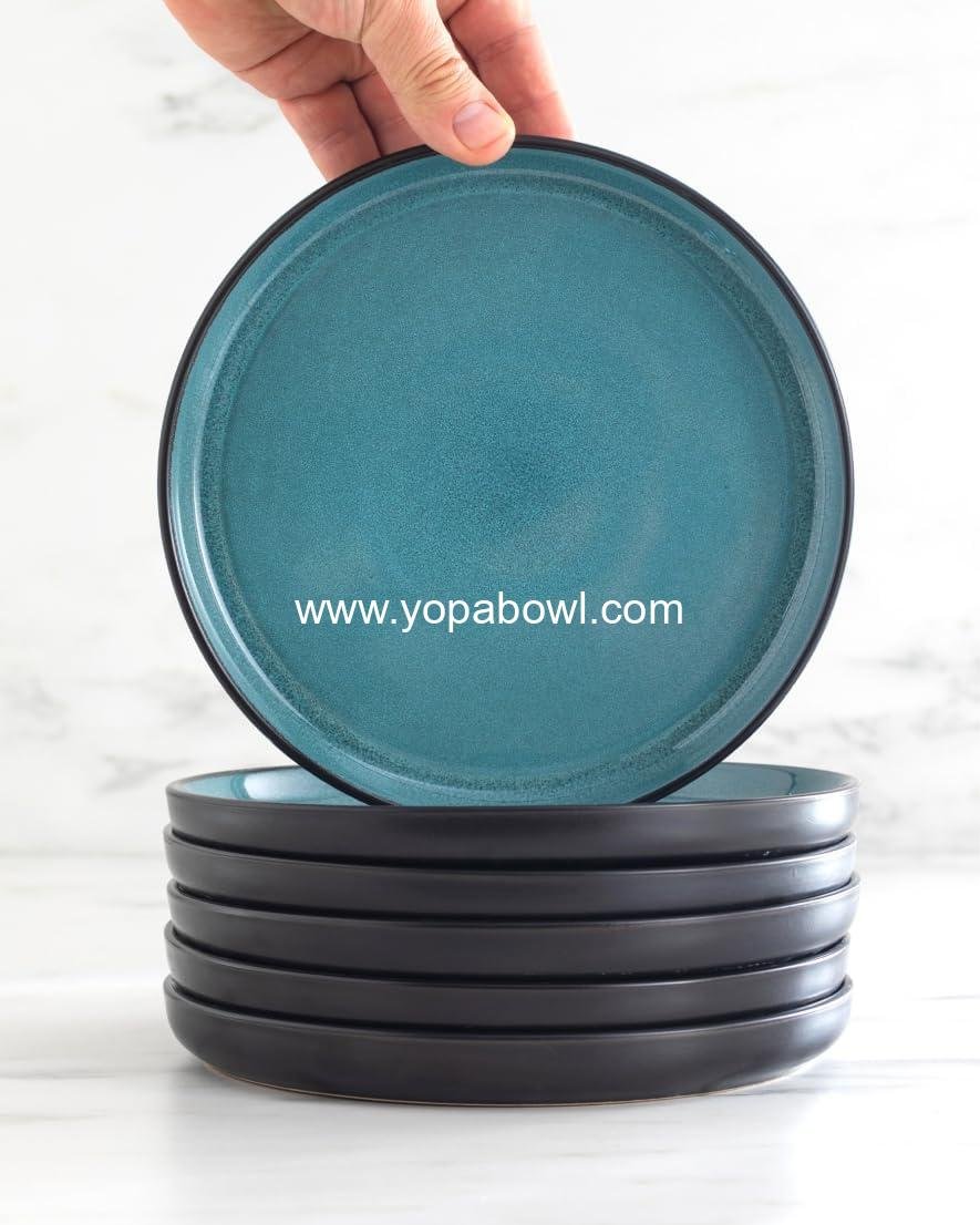 Wholesale 32 Piece Dinnerware Set for 8 - Modern Stoneware, Scratch Resistant and Dishwasher Safe - Ceramic Plates and Bowls in Black and Petrol Blue - Factory