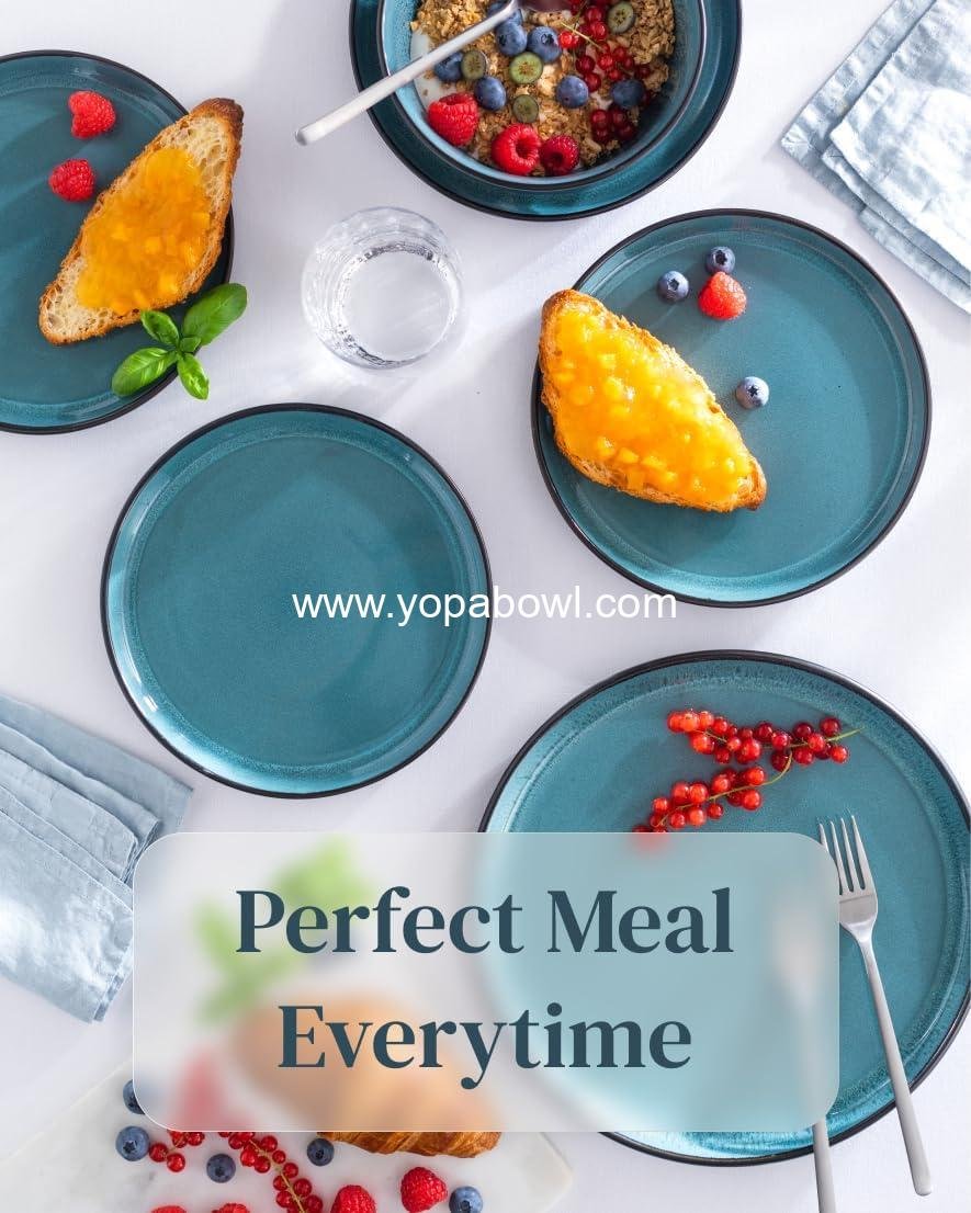 Wholesale 32 Piece Dinnerware Set for 8 - Modern Stoneware, Scratch Resistant and Dishwasher Safe - Ceramic Plates and Bowls in Black and Petrol Blue - Factory