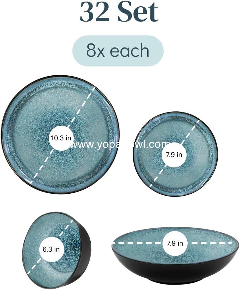 Wholesale 32 Piece Dinnerware Set for 8 - Modern Stoneware, Scratch Resistant and Dishwasher Safe - Ceramic Plates and Bowls in Black and Petrol Blue - Factory