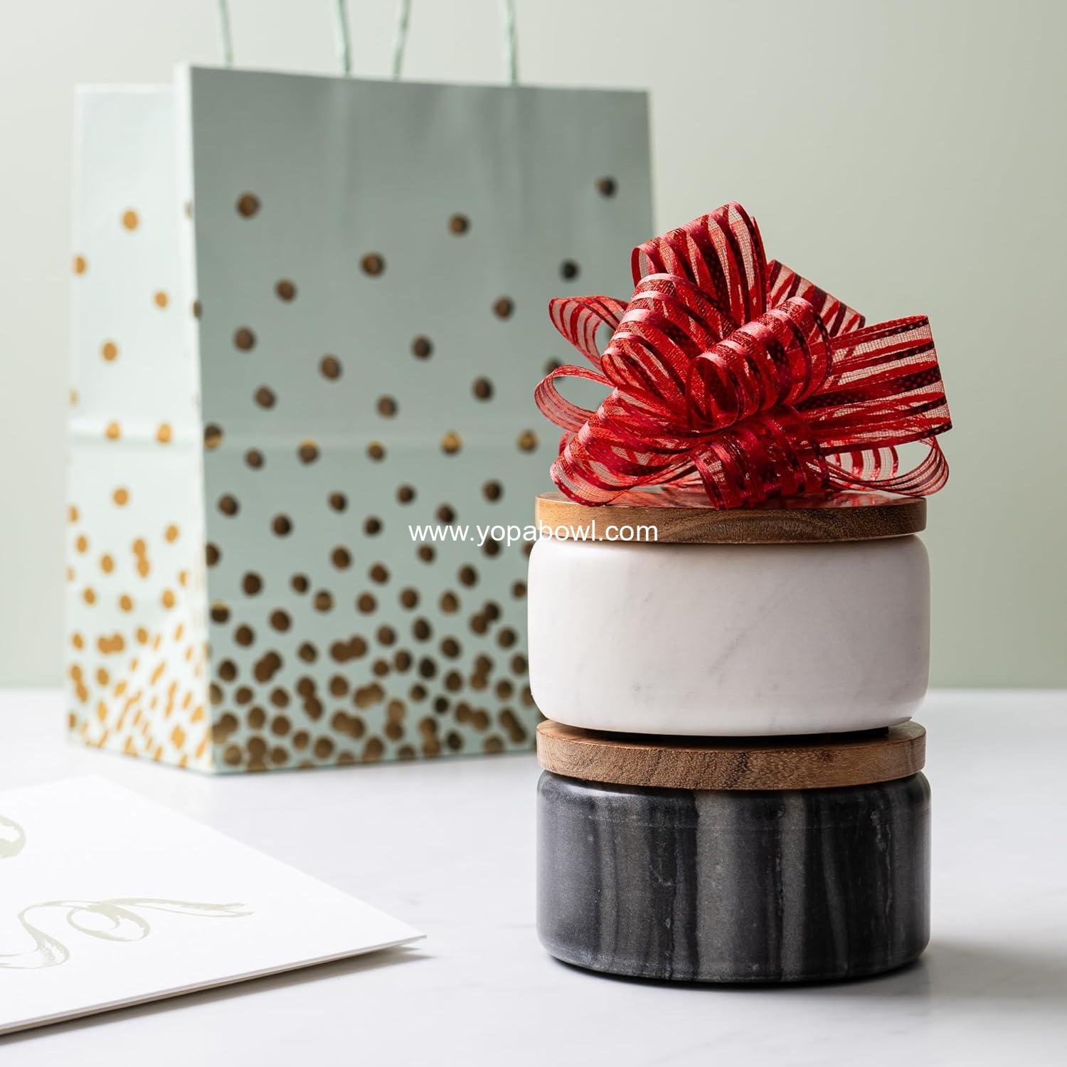 Wholesale White Marble Salt Cellar with Acacia Wood Lid and Spoon - Elegant 4” Modern Handcrafted Container for Countertop - Keeps Spices Dry - Wide Salt Pig with Non-Skid Feet Factory